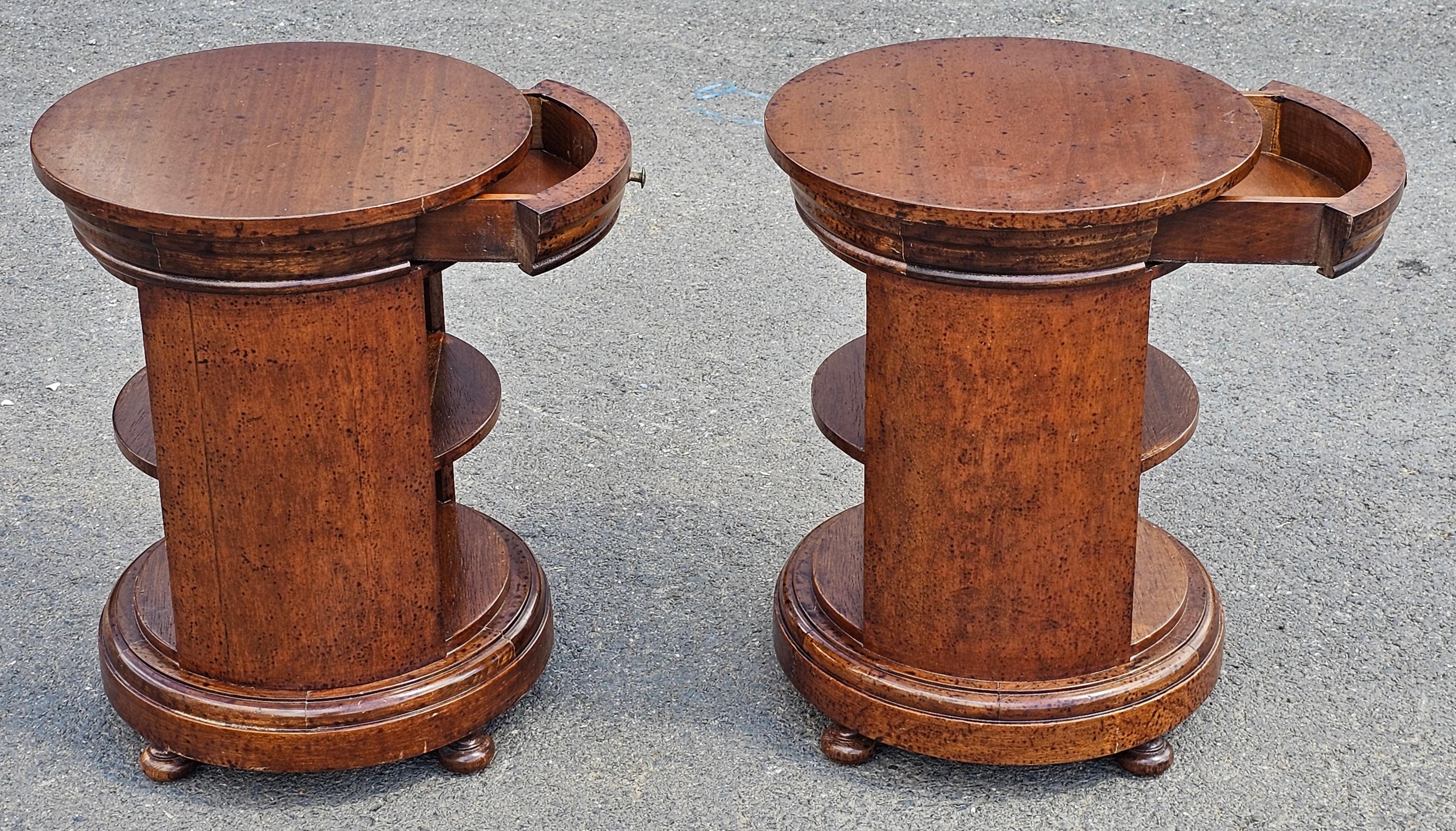 Pair Late 20th Century Italian Fruitwood Small Single Drawer Drum Side Tables For Sale 1