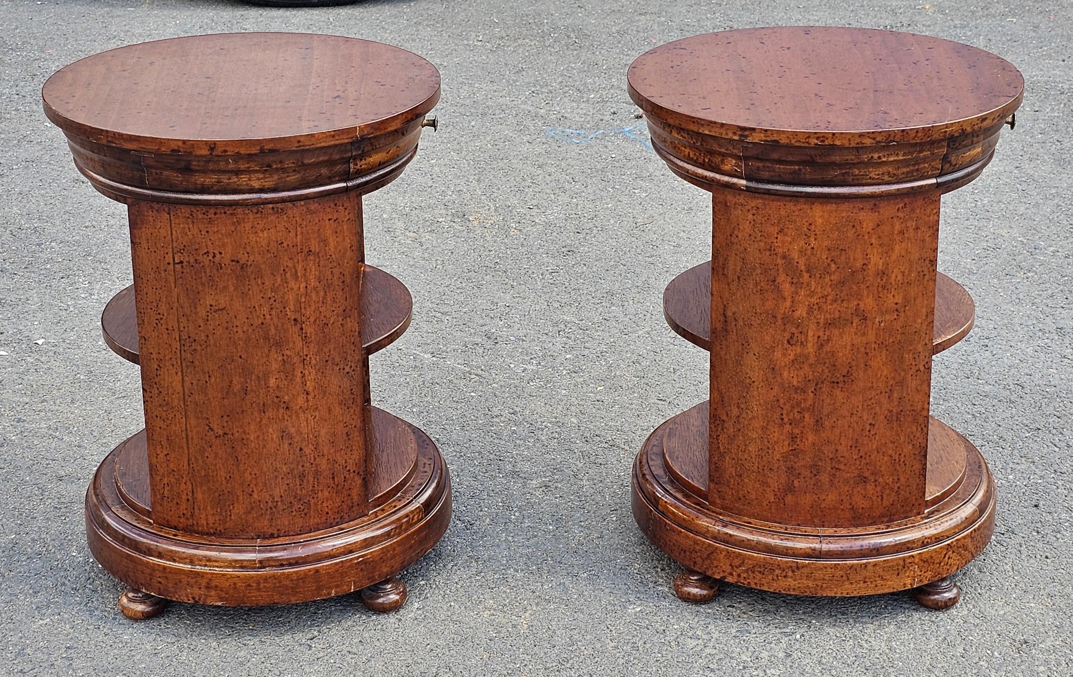 Pair Late 20th Century Italian Fruitwood Small Single Drawer Drum Side Tables For Sale 2