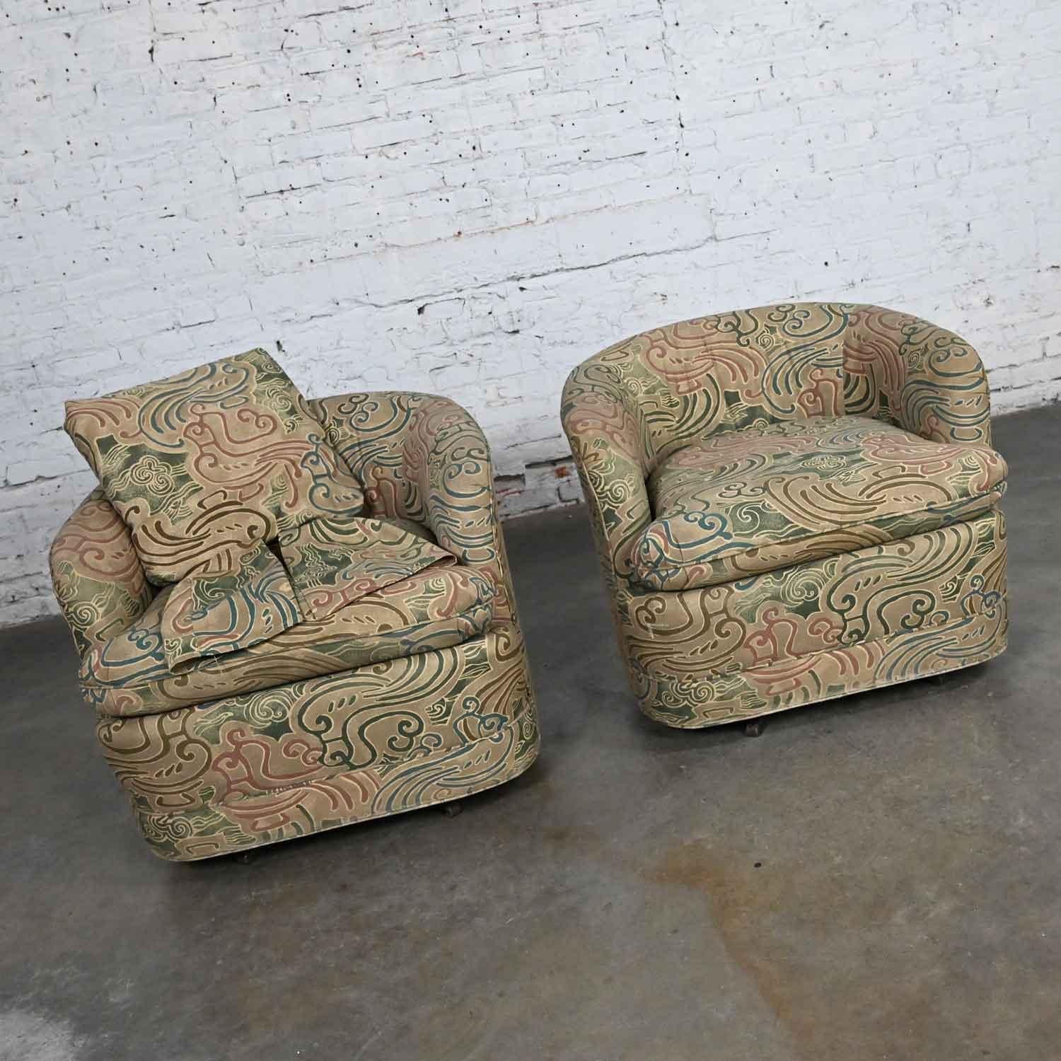 Pair Late 20th Century Modern Drexel Heritage Swivel Barrel Chairs Orig Fabric For Sale 2