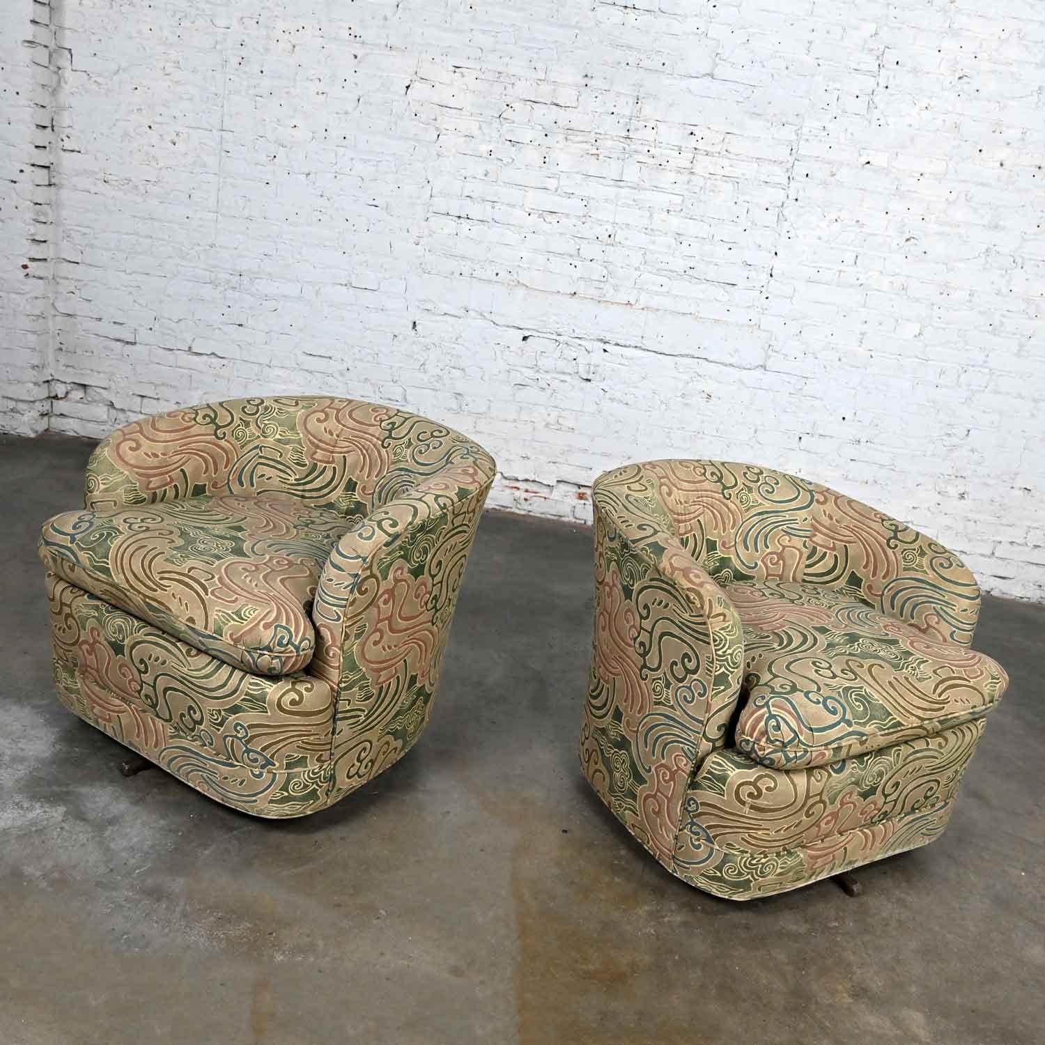 Pair Late 20th Century Modern Drexel Heritage Swivel Barrel Chairs Orig Fabric For Sale 3