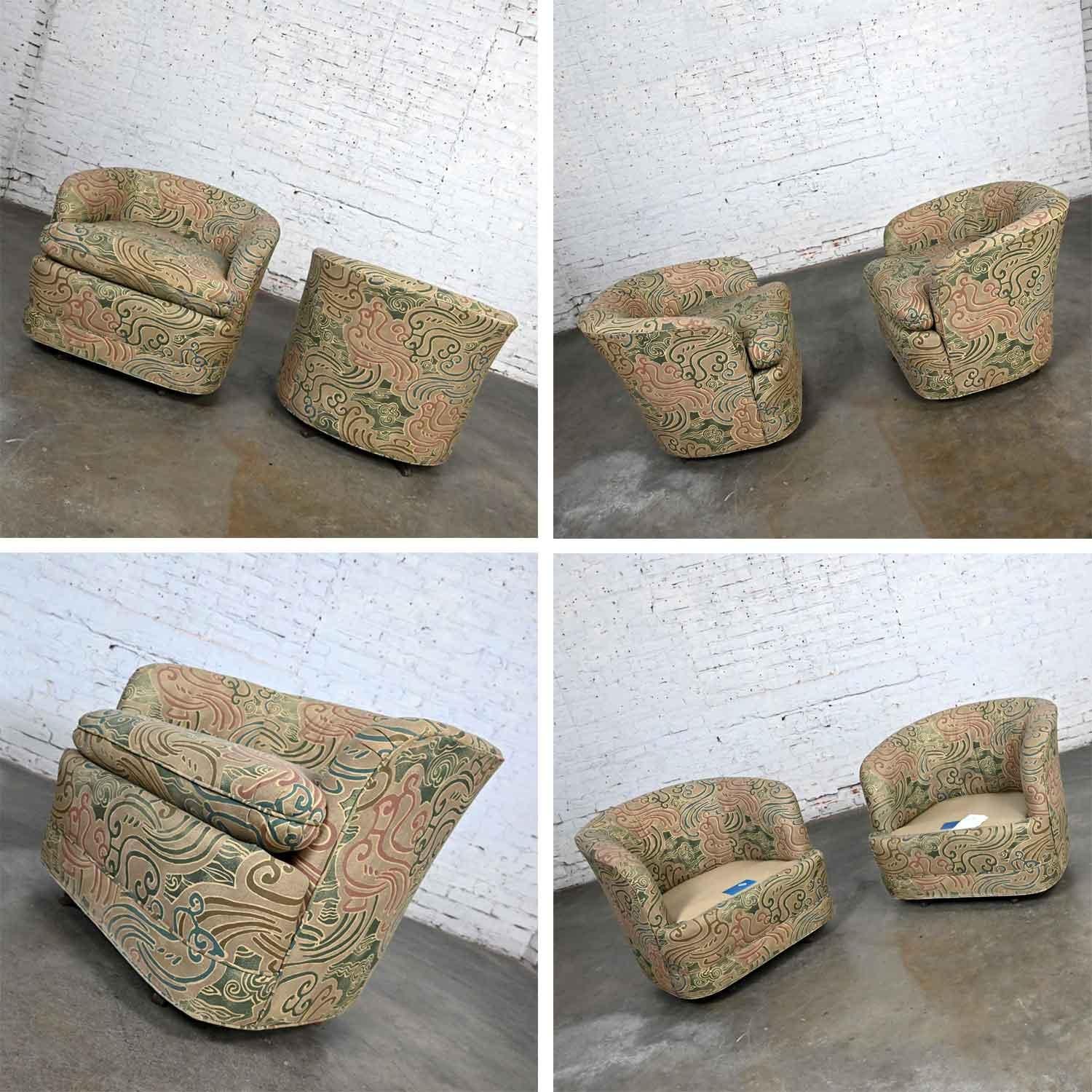 Pair Late 20th Century Modern Drexel Heritage Swivel Barrel Chairs Orig Fabric For Sale 5