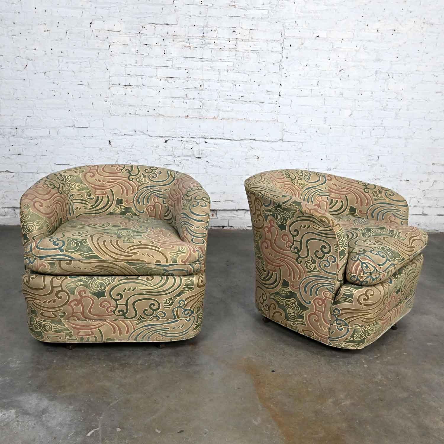 Pair Late 20th Century Modern Drexel Heritage Swivel Barrel Chairs Orig Fabric For Sale 8
