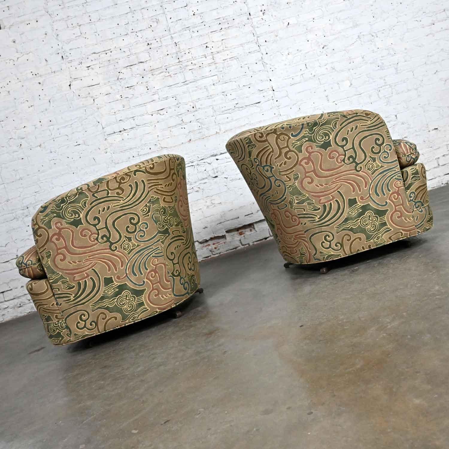 American Pair Late 20th Century Modern Drexel Heritage Swivel Barrel Chairs Orig Fabric For Sale