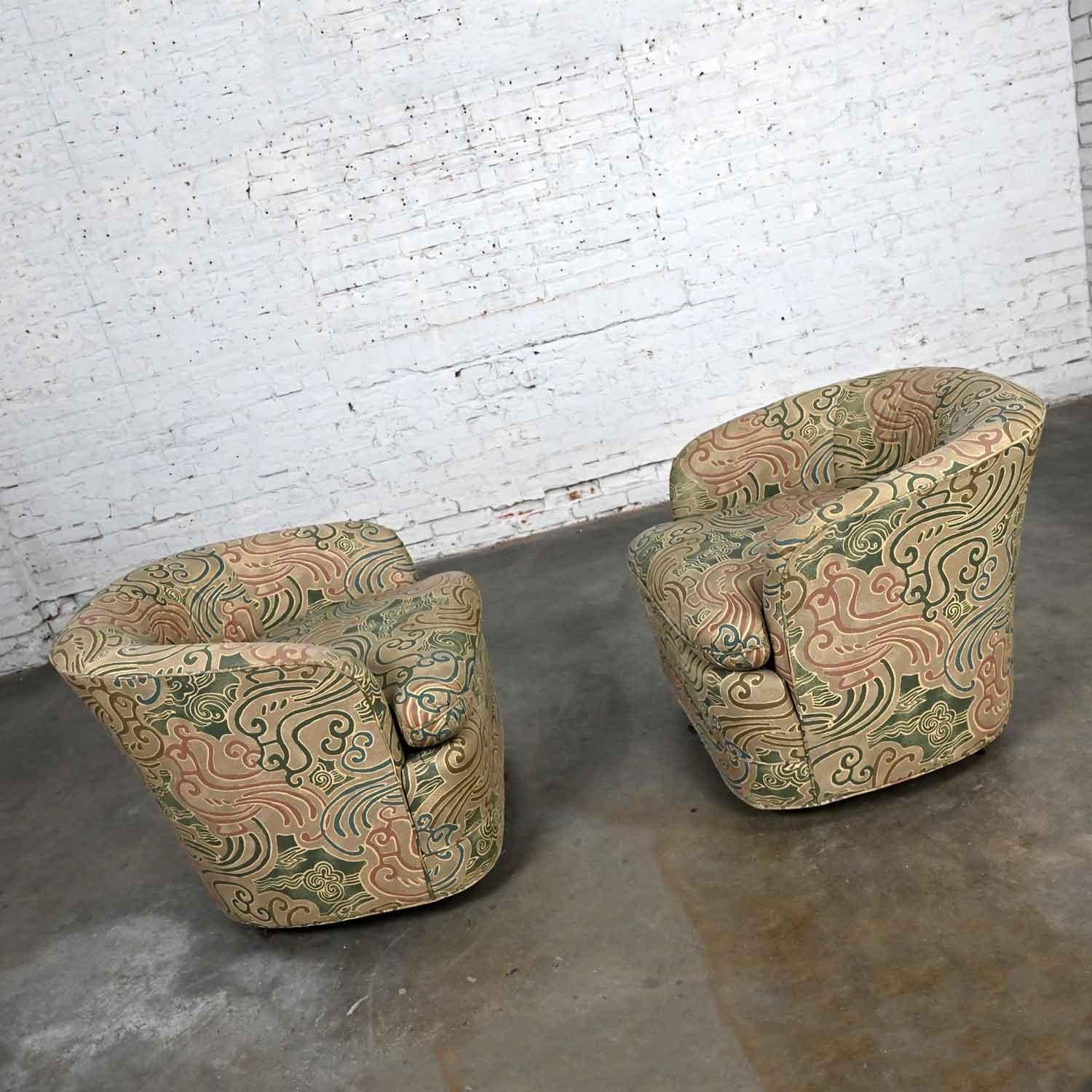 Metal Pair Late 20th Century Modern Drexel Heritage Swivel Barrel Chairs Orig Fabric For Sale