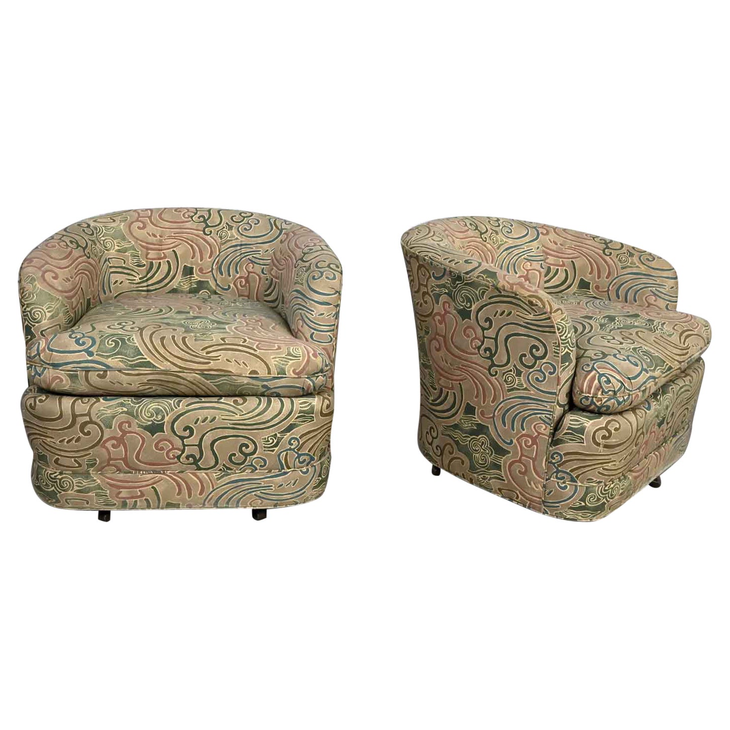 Coppia di sedie a botte girevoli Drexel Heritage della fine del XX secolo Orig Tessuto