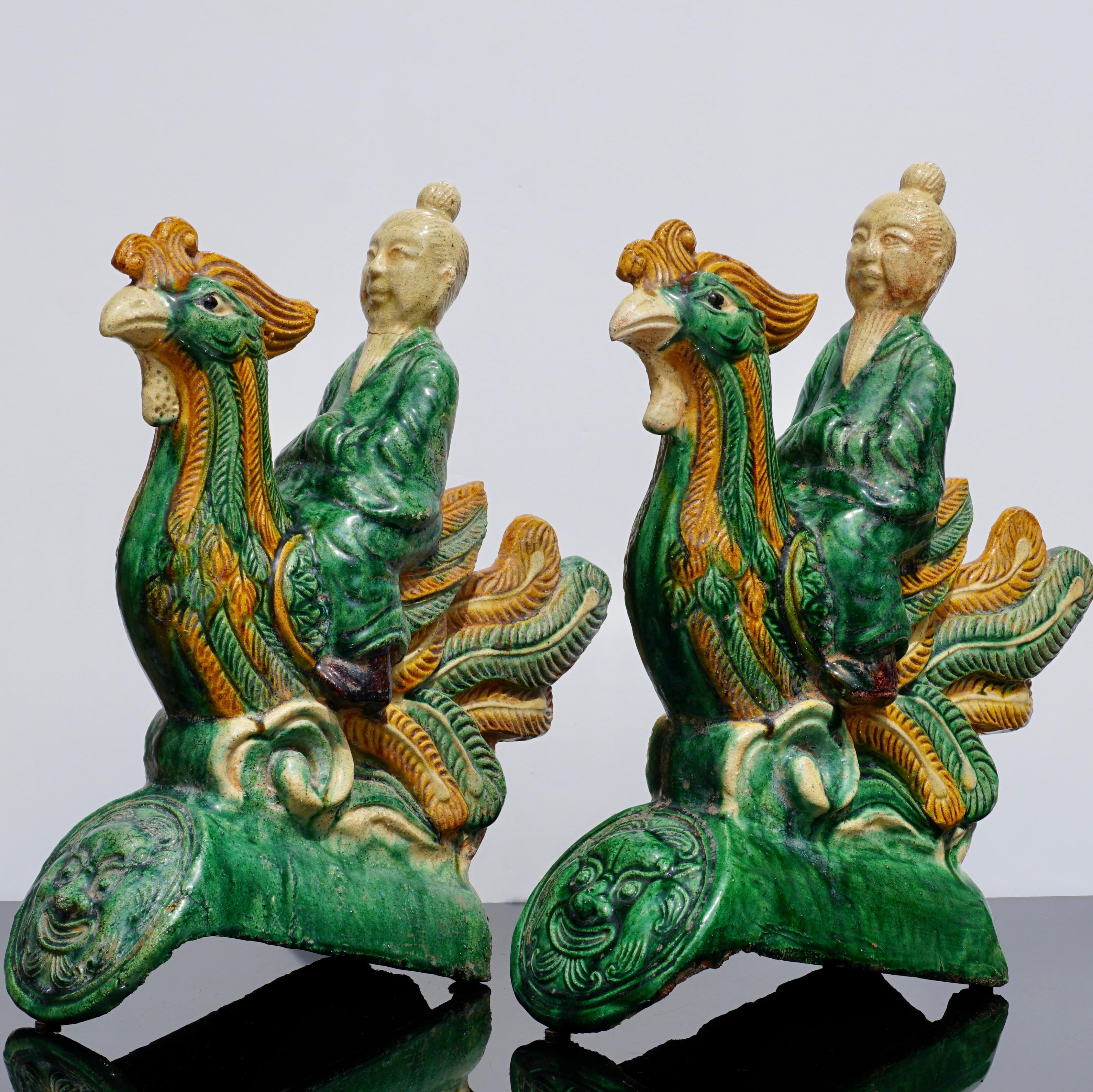 Chinese Pair of Late Ming Dynasty Sancai Glazed Roof Tiles, 18th Century