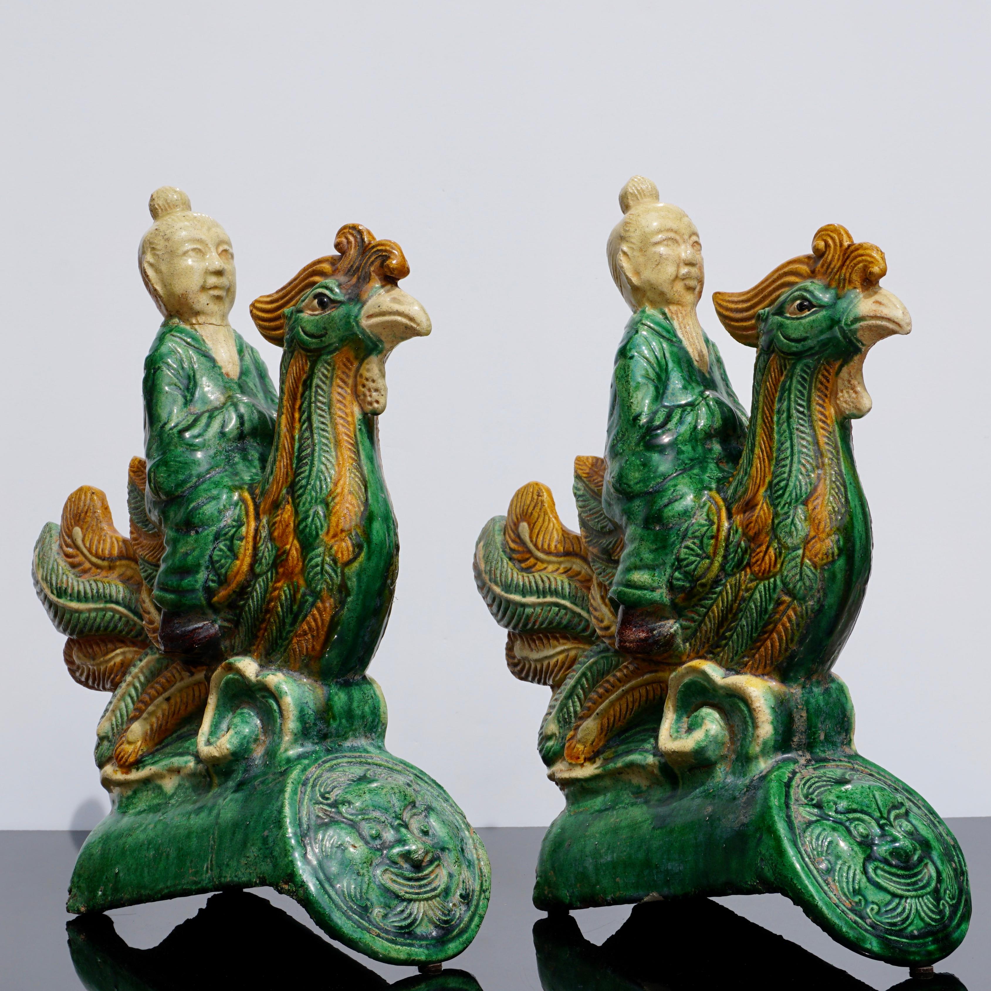 Cast Pair of Late Ming Dynasty Sancai Glazed Roof Tiles, 18th Century