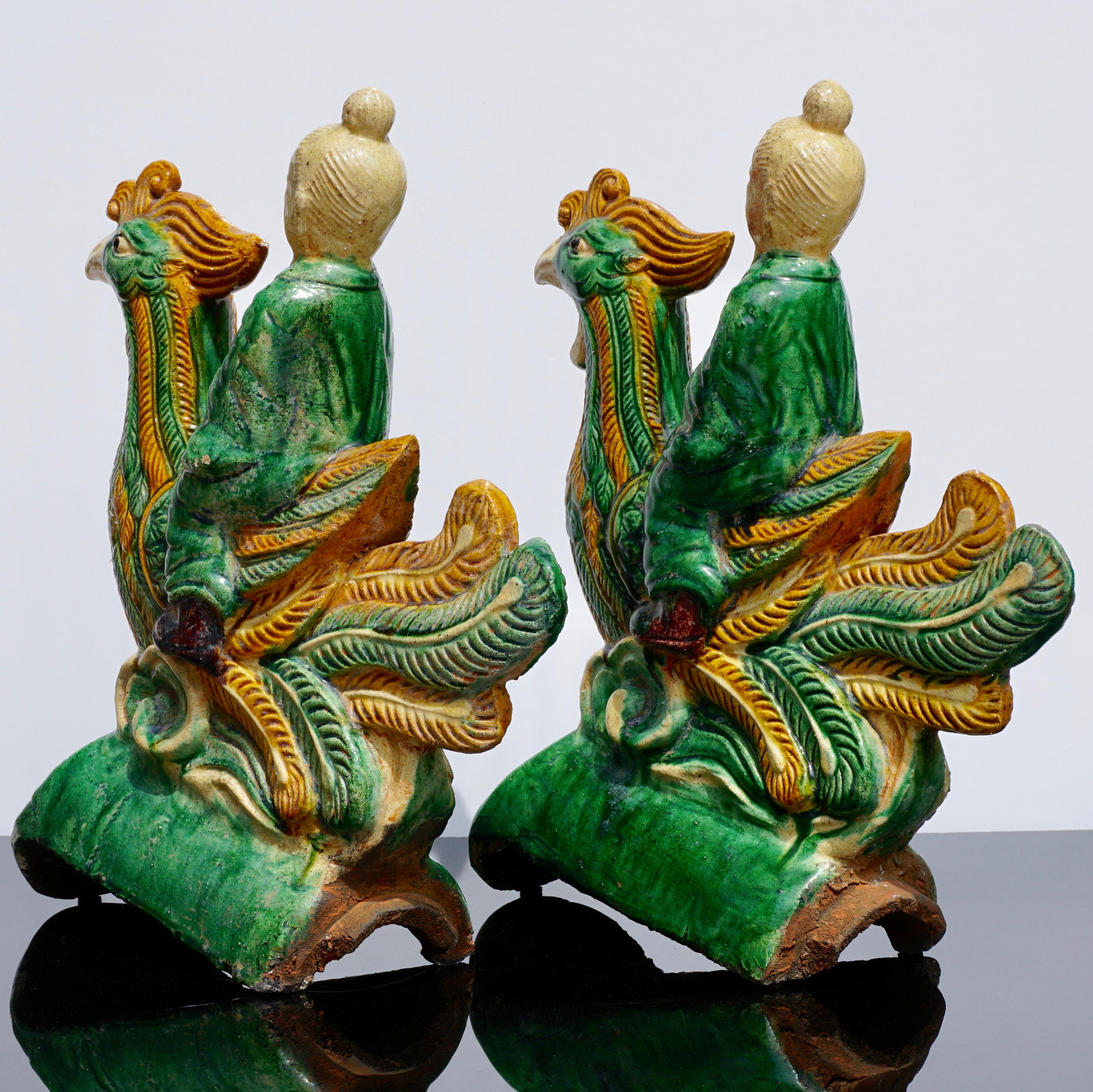 Terracotta Pair of Late Ming Dynasty Sancai Glazed Roof Tiles, 18th Century