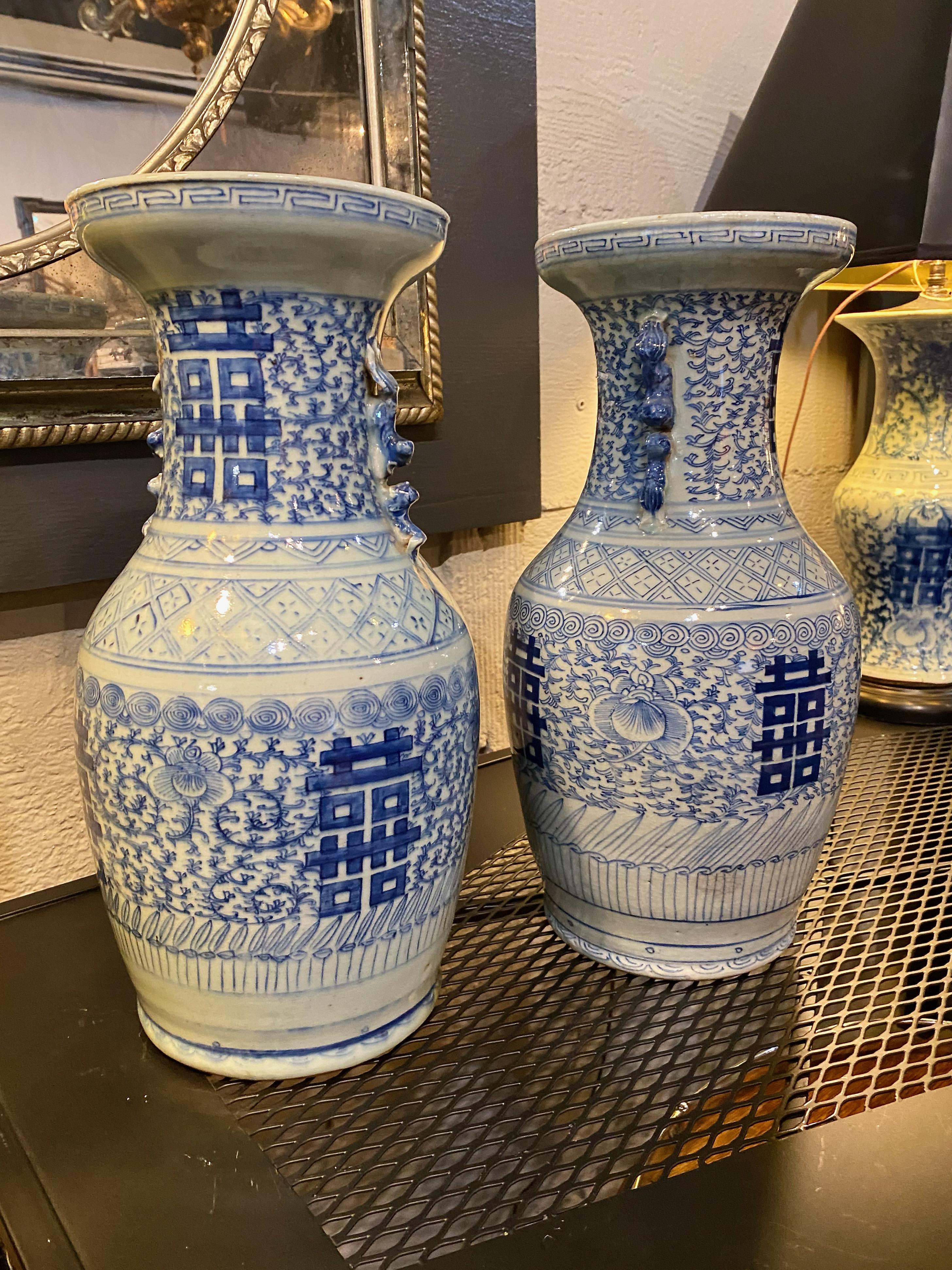 Pair Late Qing Chinese Blue & White Vases 5