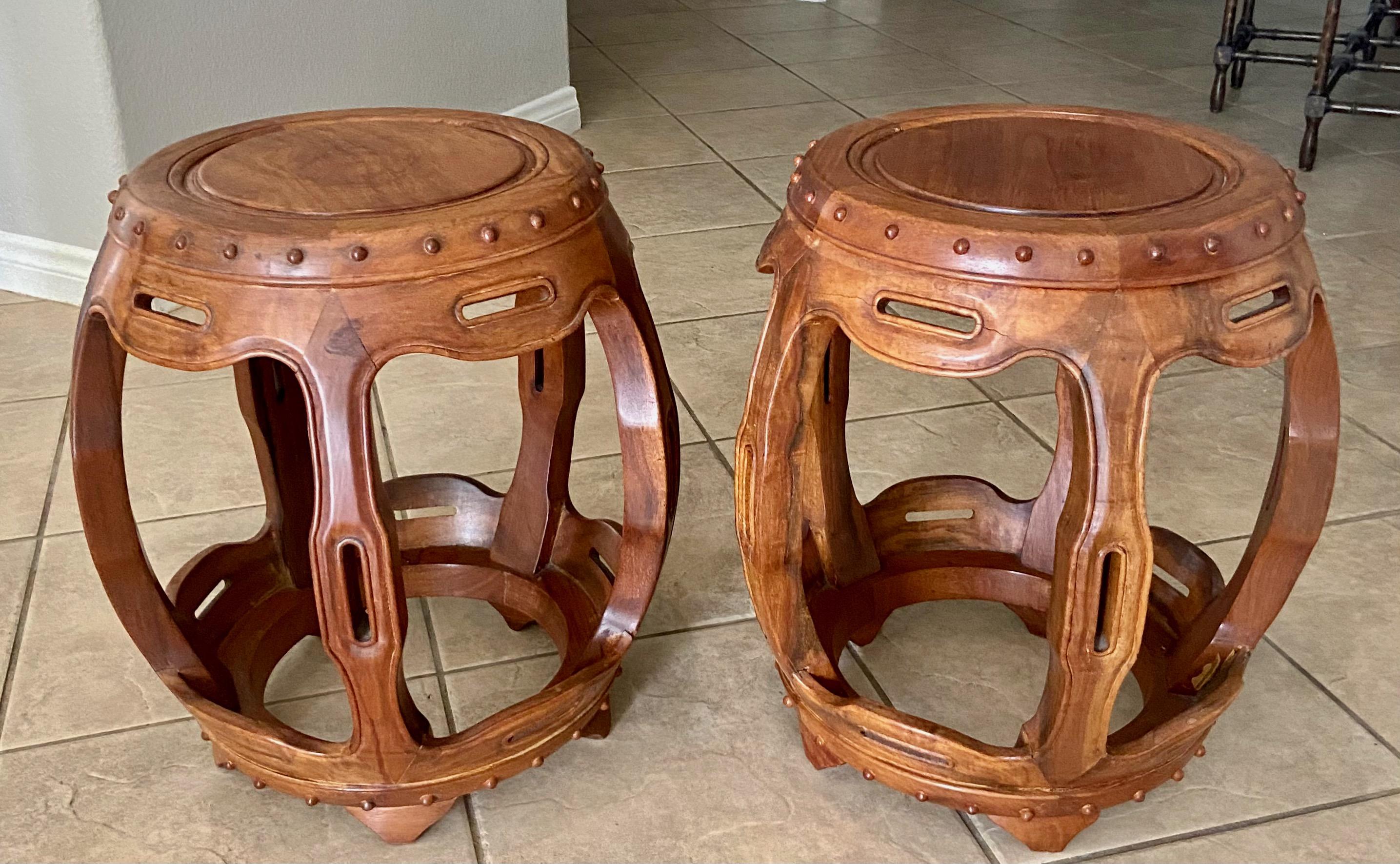 Pair Late Qing Dynasty Chinese Hardwood Garden Seat Stools In Fair Condition In Palm Springs, CA