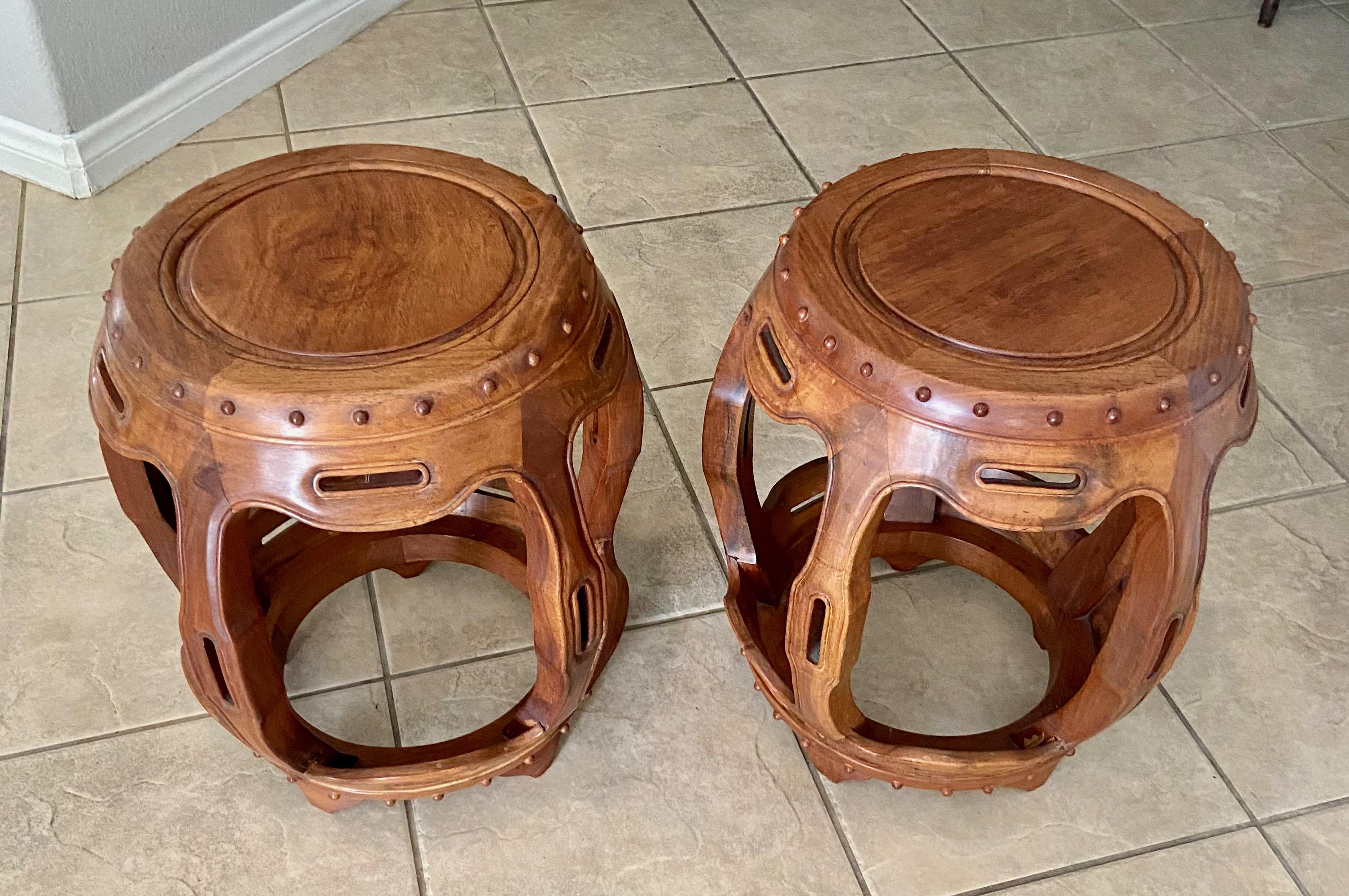 Wood Pair Late Qing Dynasty Chinese Hardwood Garden Seat Stools