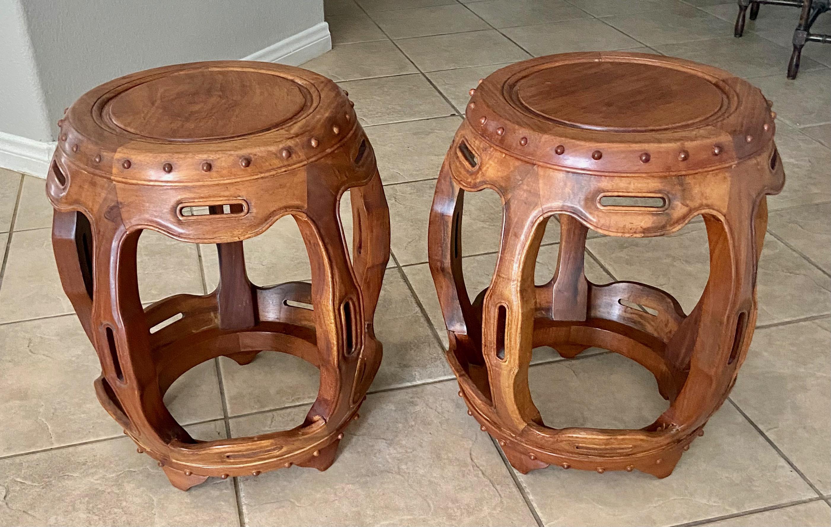 Pair Late Qing Dynasty Chinese Hardwood Garden Seat Stools 1