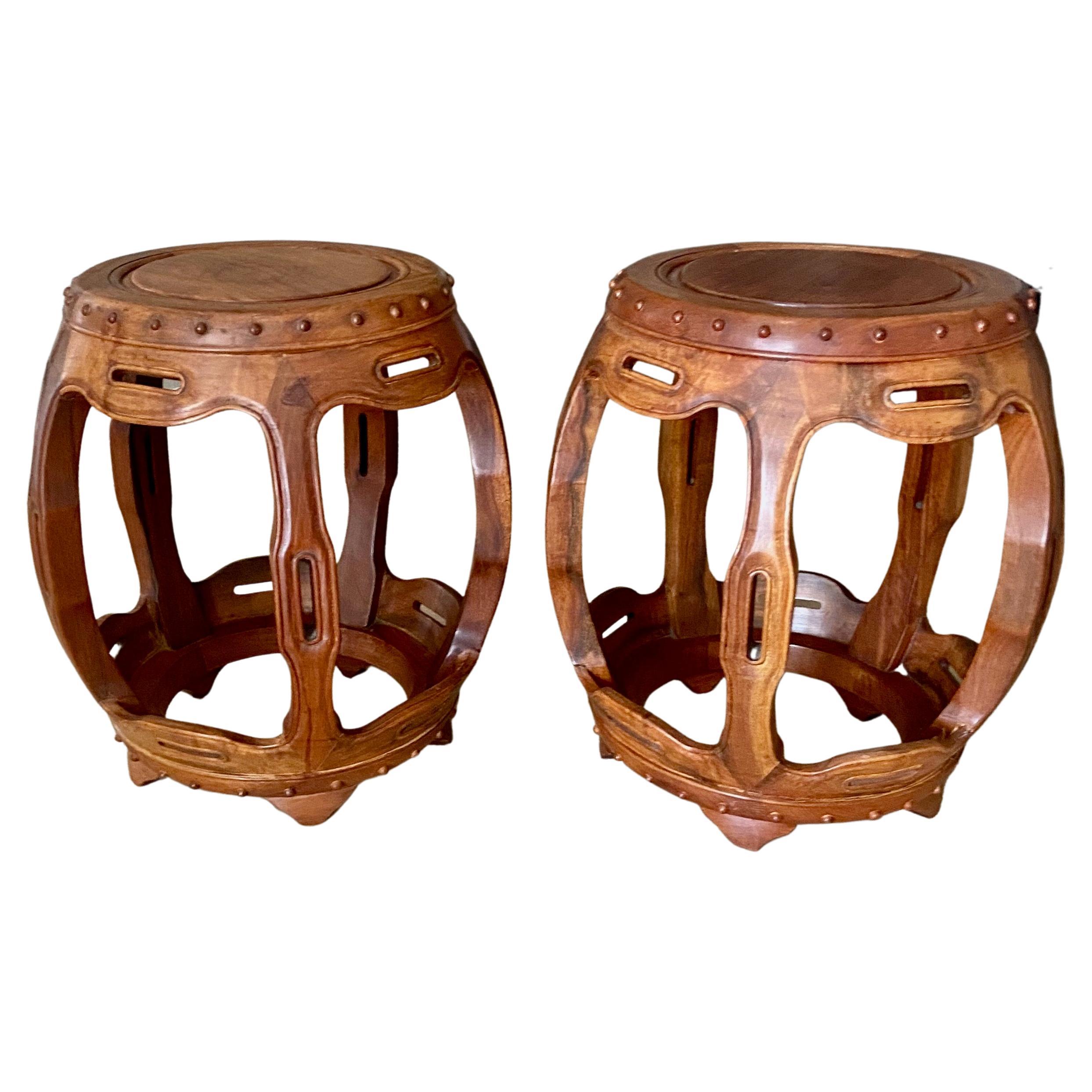 Pair Late Qing Dynasty Chinese Hardwood Garden Seat Stools
