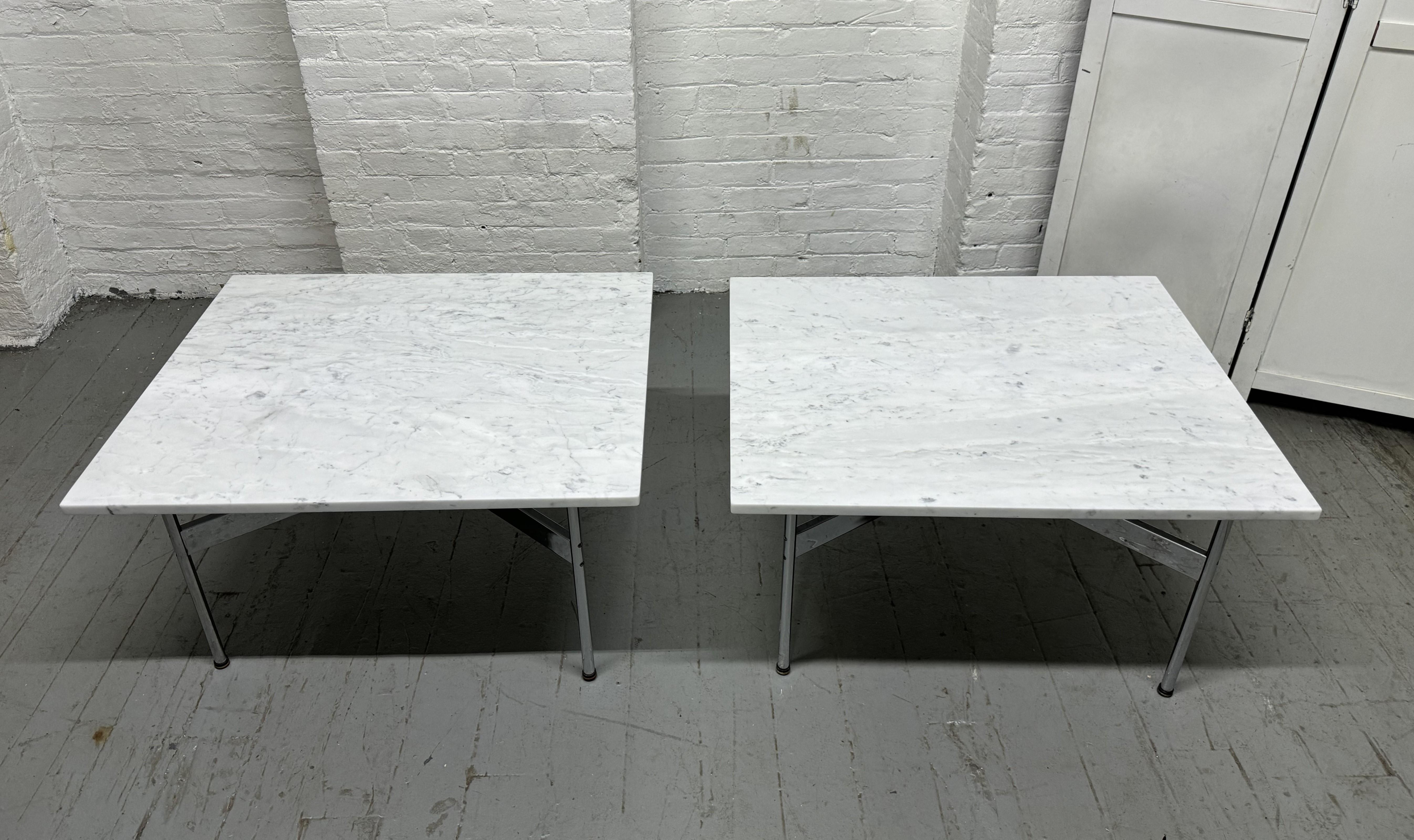 Pair of Laverne International Carrara Marble & Chrome X Base End Tables, Mid Century Modern.