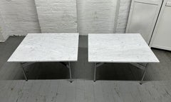 Pair Laverne International Carrara Marble & Chrome X Base End Tables