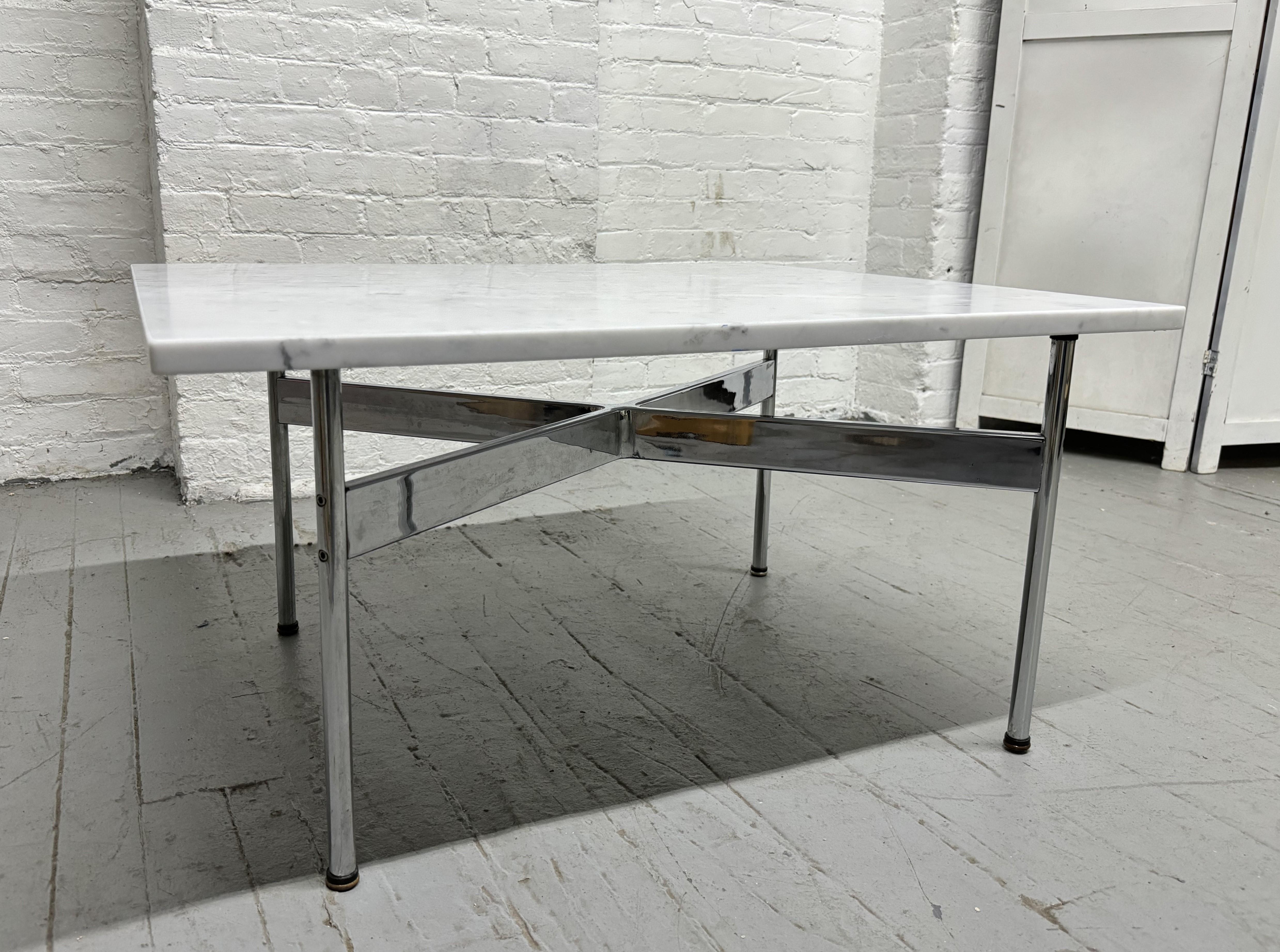 Mid-Century Modern Pair Laverne International Carrara Marble & Chrome X Base End Tables For Sale