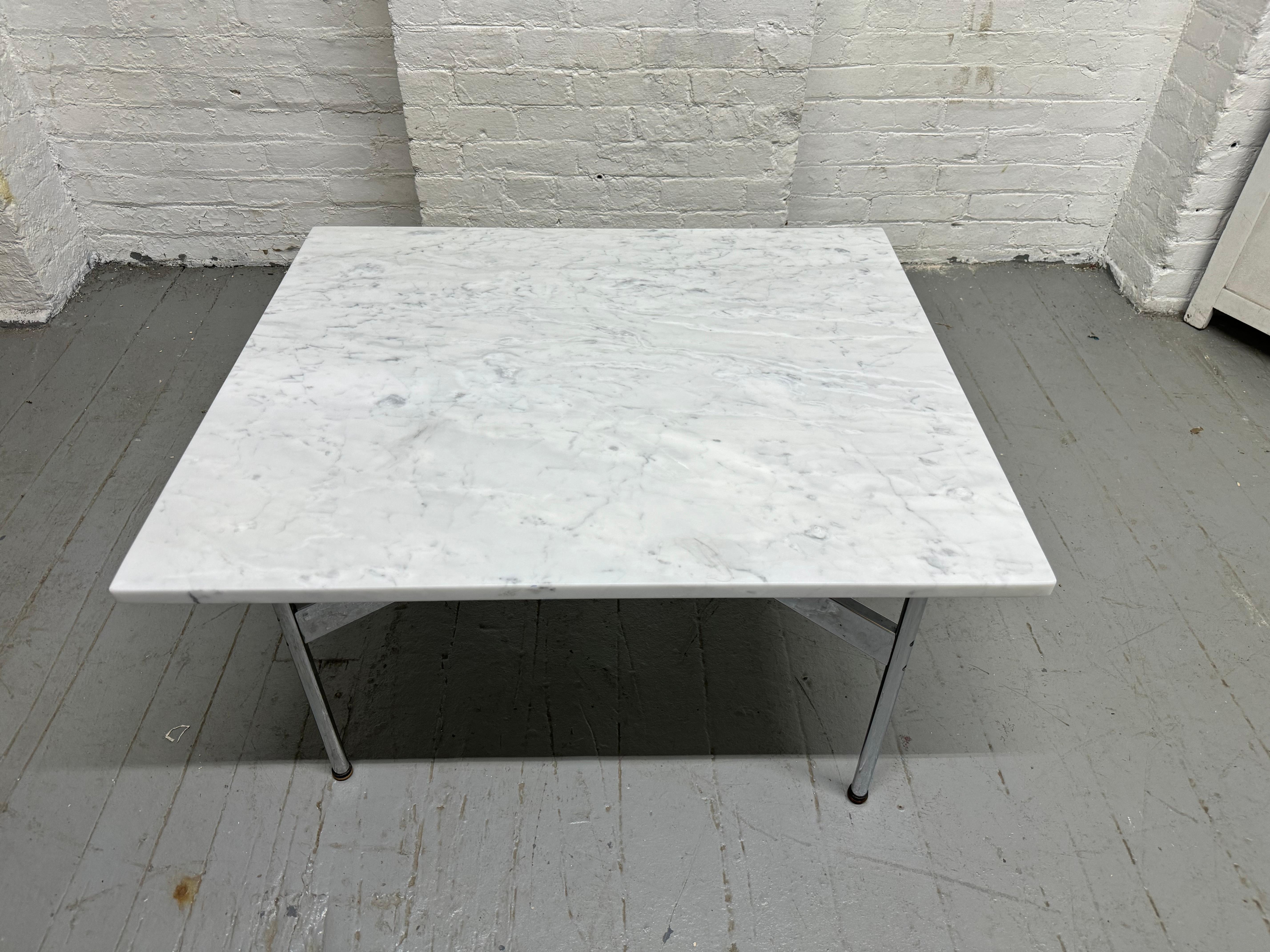 Pair Laverne International Carrara Marble & Chrome X Base End Tables In Good Condition For Sale In New York, NY
