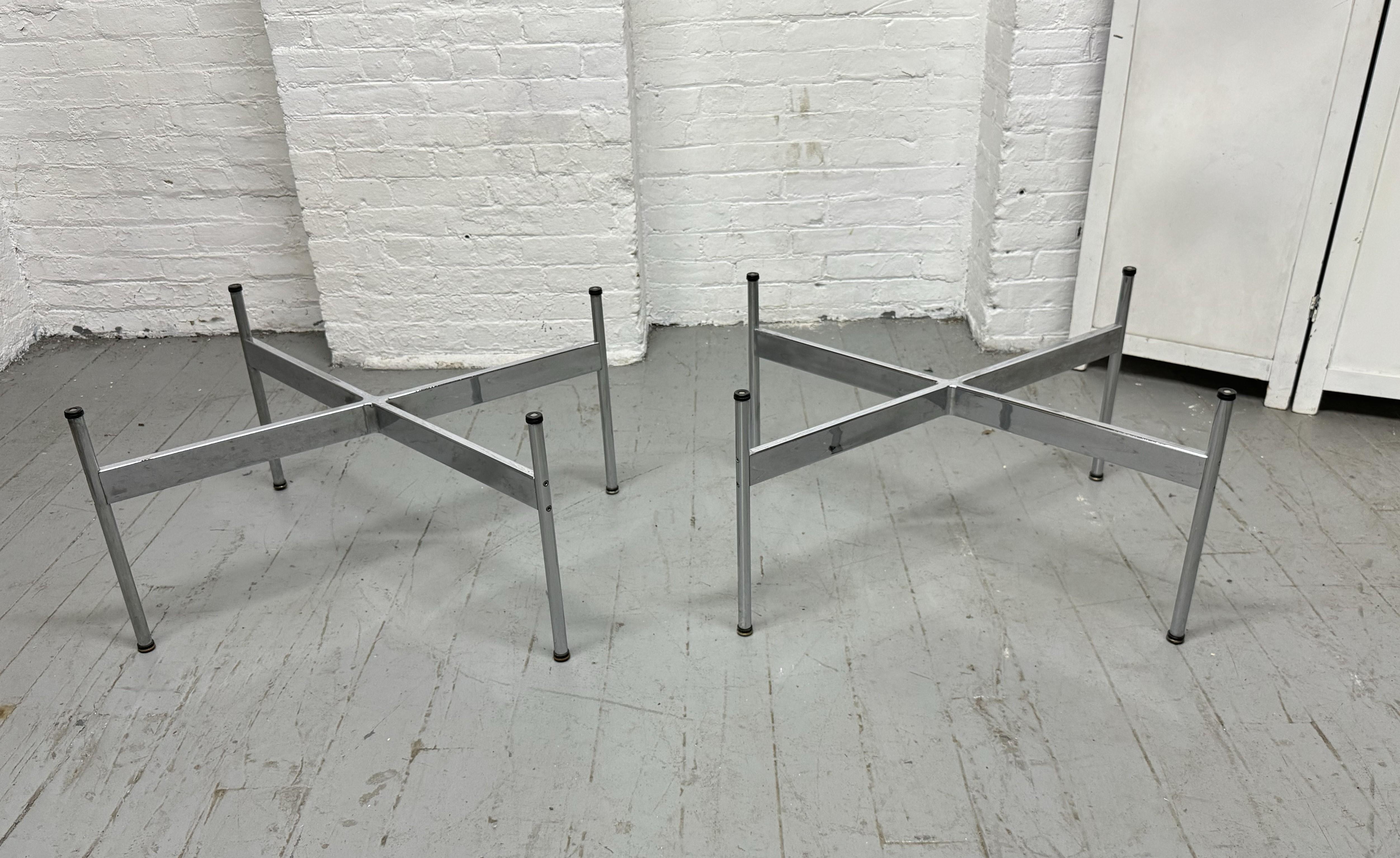 Late 20th Century Pair Laverne International Carrara Marble & Chrome X Base End Tables For Sale