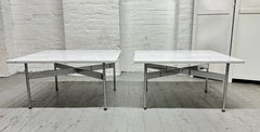 Vintage Pair Laverne International Carrara Marble & Chrome X Base End Tables