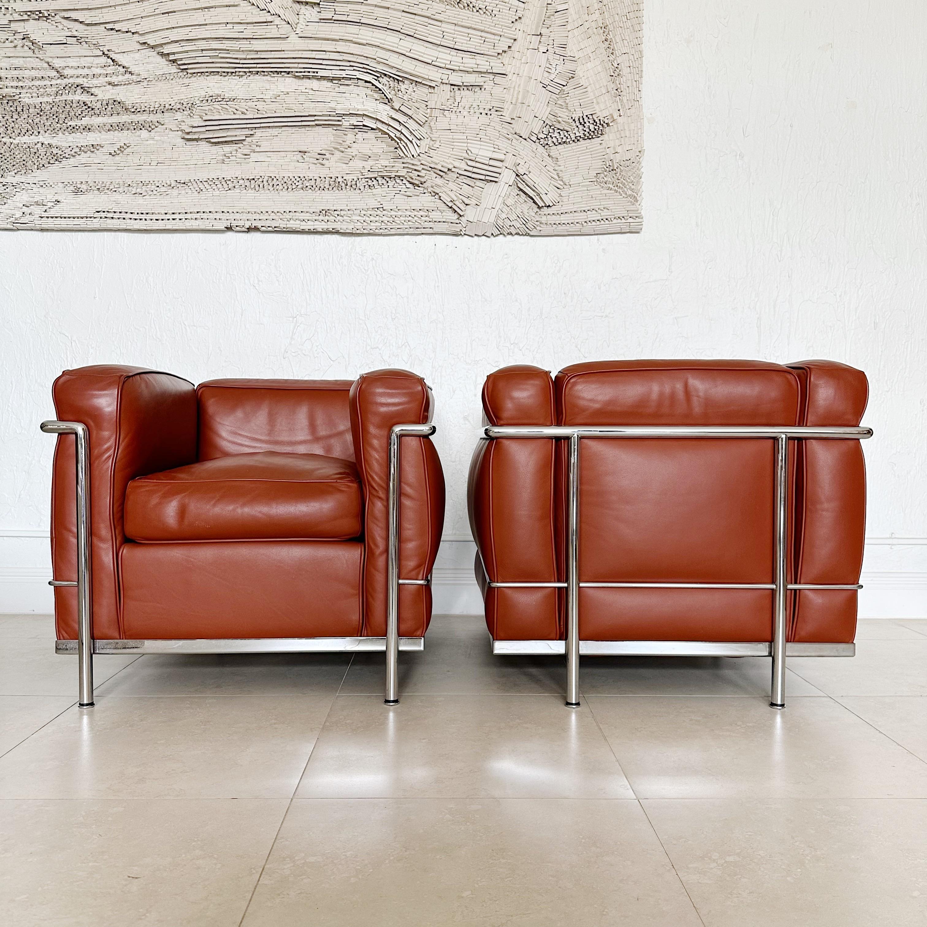 Mid-Century Modern Pair Lc2 Armchairs, Le Corbusier by Cassina Circa 1980's