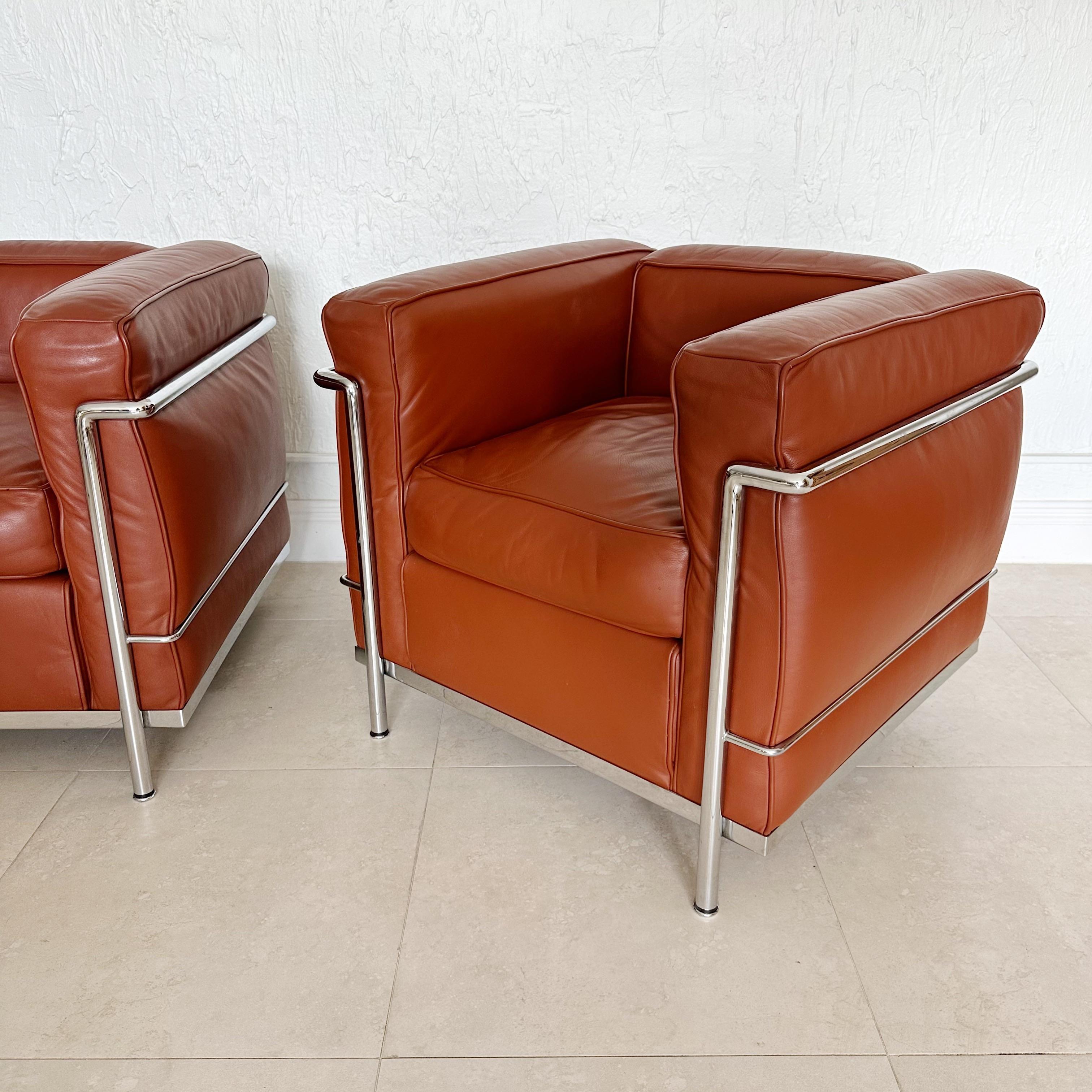 Hand-Crafted Pair Lc2 Armchairs, Le Corbusier by Cassina Circa 1980's