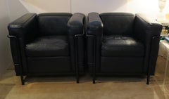 Pair Le Corbusier LC2 Black Leather Chairs by Cassina