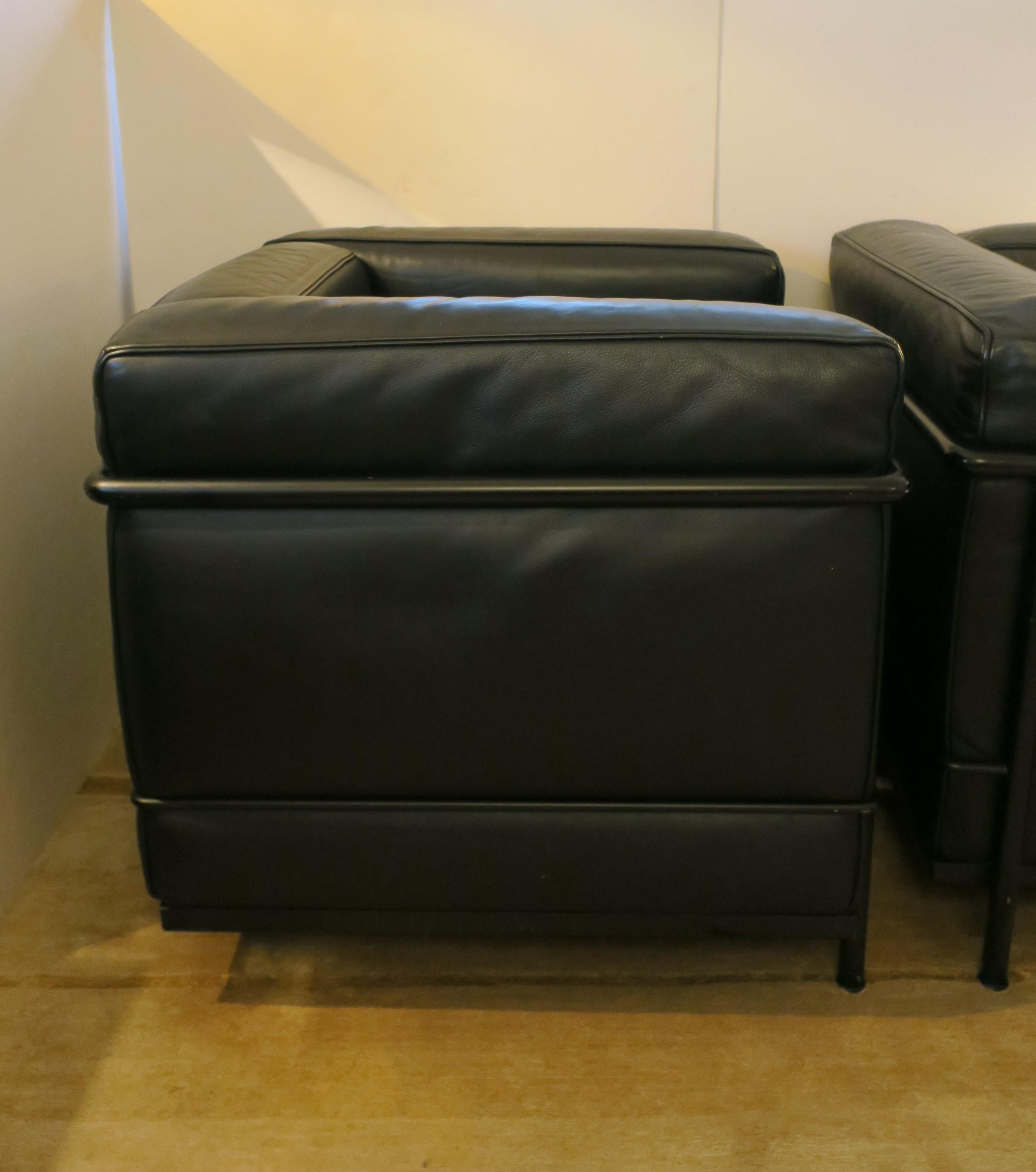 Pair Le Corbusier LC2 Black Leather Chairs by Cassina 3