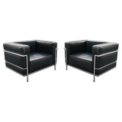 Pair Le Corbusier LC8 Grand Confort Lounge Chairs Black Leather Chromed Steel