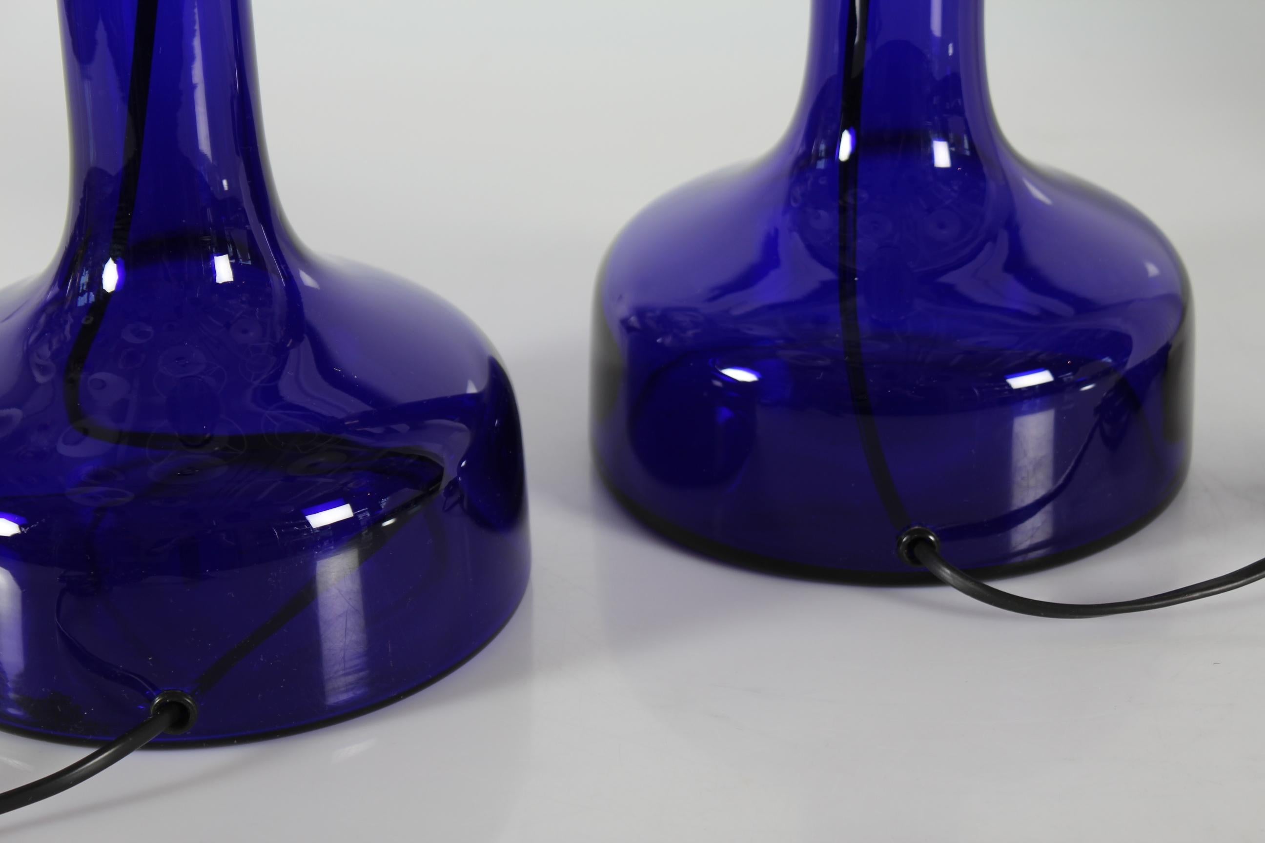 Late 20th Century Pair Le Klint Large Table Lamps 302 Holmegaard Blue Glass Original Shades, 1970s