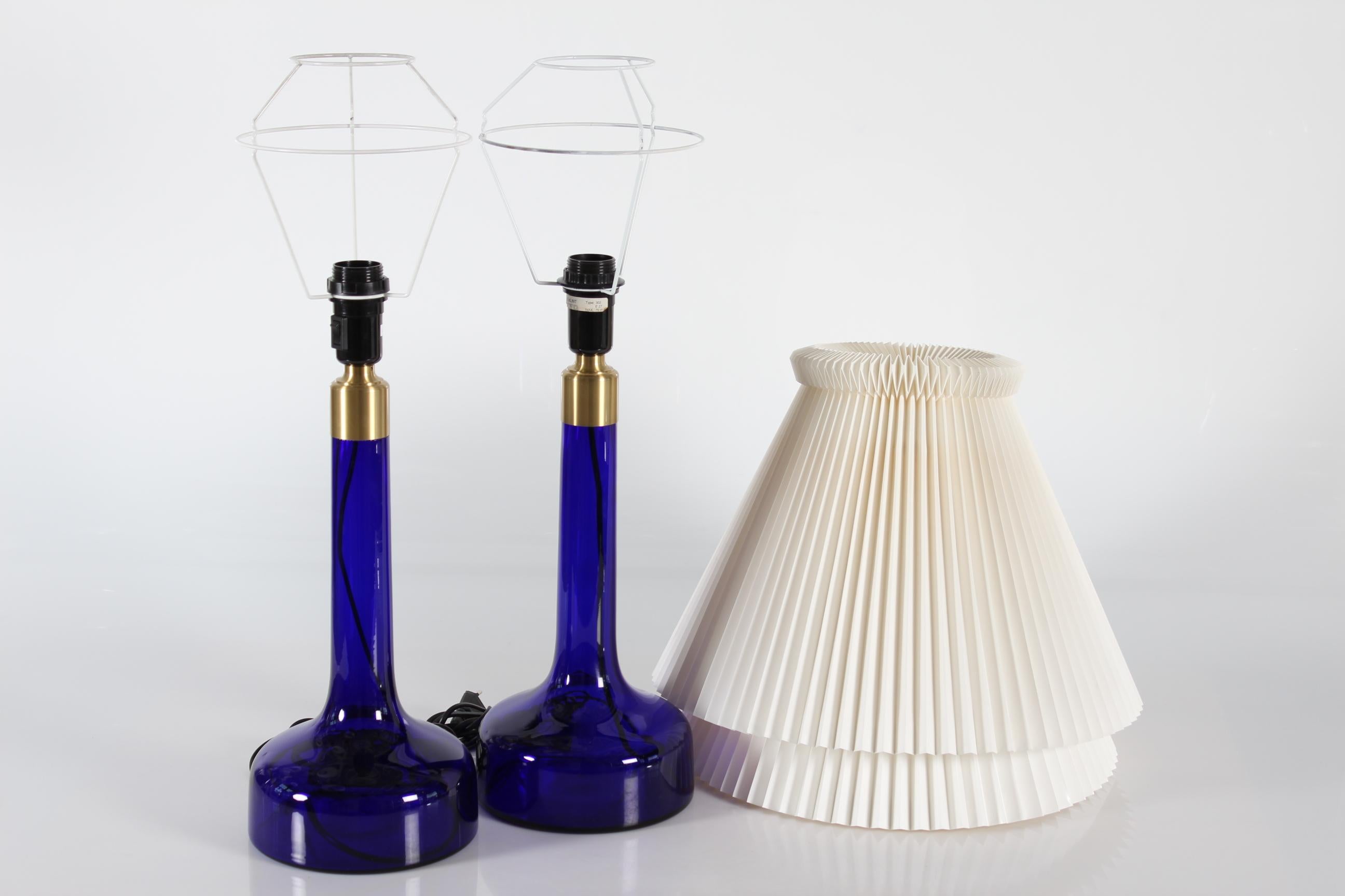 Brass Pair Le Klint Large Table Lamps 302 Holmegaard Blue Glass Original Shades, 1970s
