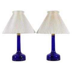 Pair Le Klint Large Table Lamps 302 Holmegaard Blue Glass Original Shades, 1970s