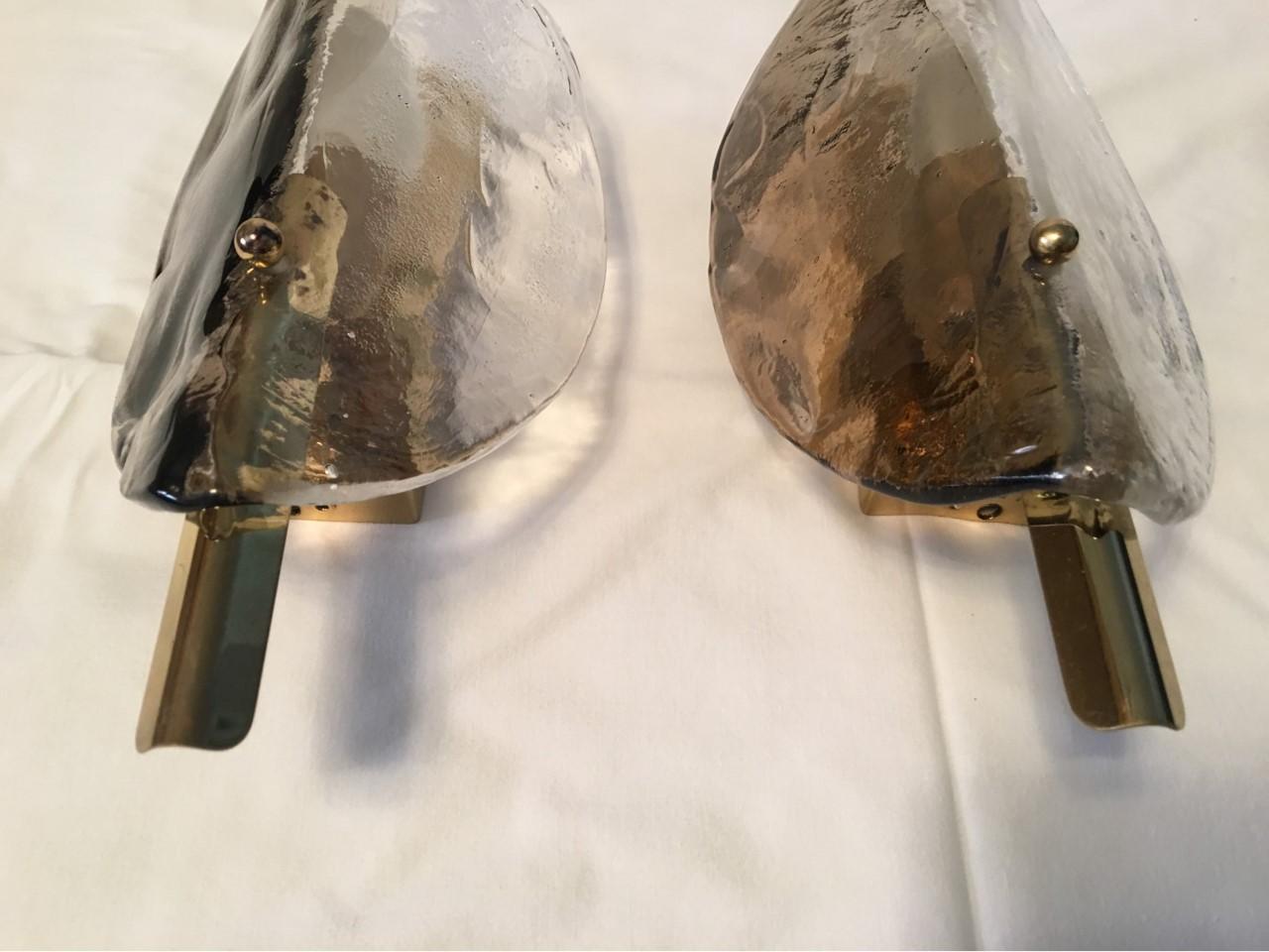 Pair Leaf Brass Murano Glass Sconces from Austria 1970s by J.T. Kalmar In Good Condition In Frisco, TX