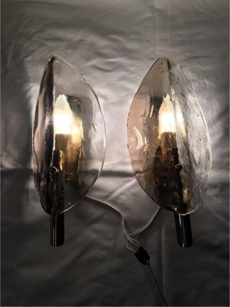 Pair Leaf Brass Murano Glass Sconces from Austria 1970s by J.T. Kalmar 3