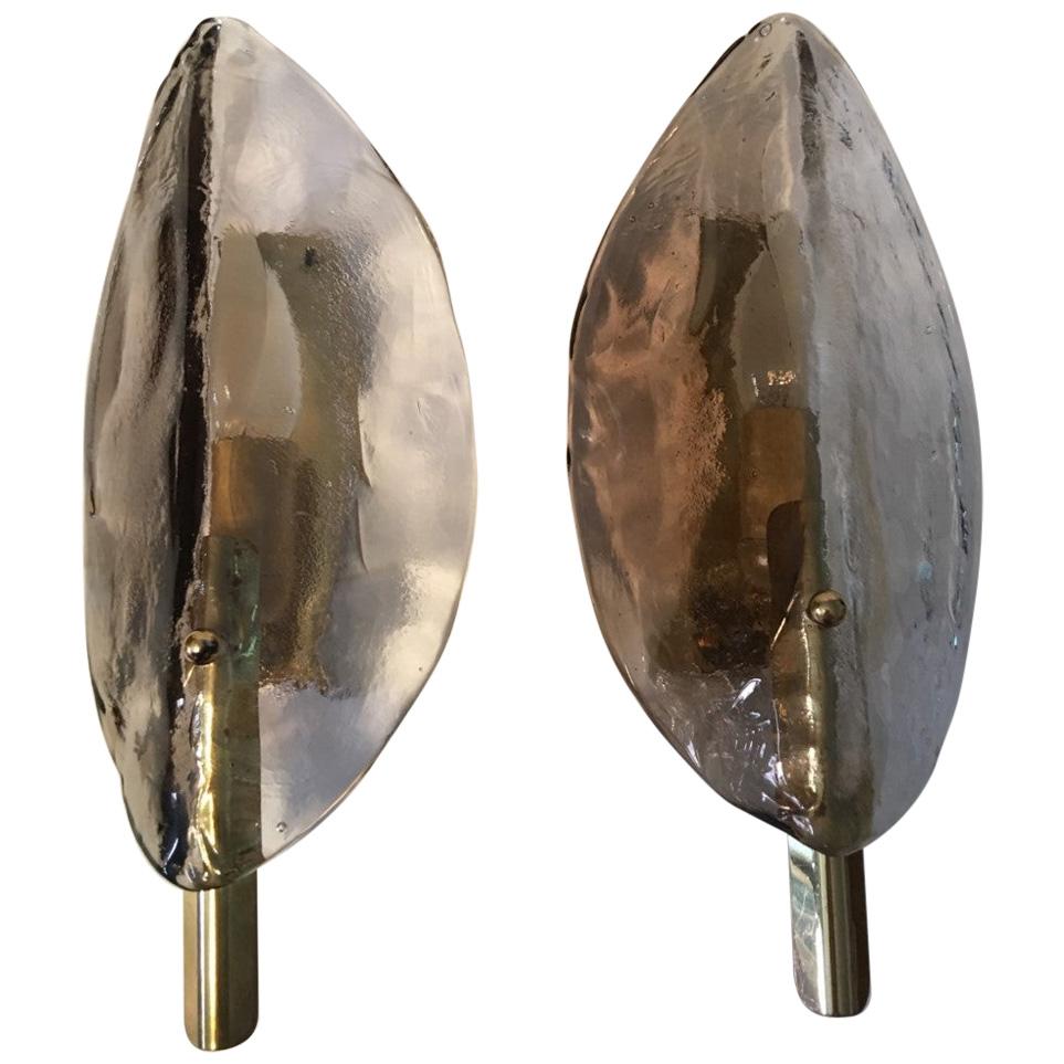 Pair Leaf Brass Murano Glass Sconces from Austria 1970s by J.T. Kalmar