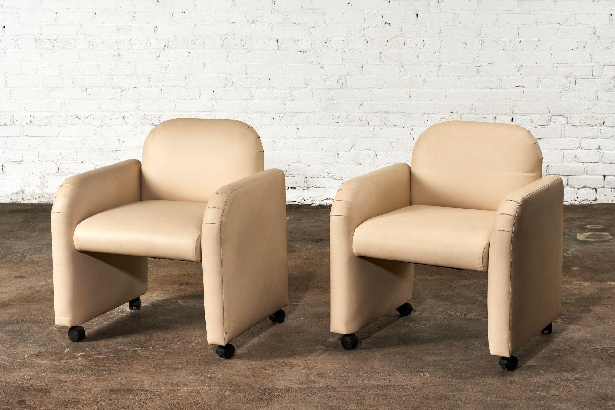Post-Modern Pair Leather Barrel Chairs, 1980 For Sale