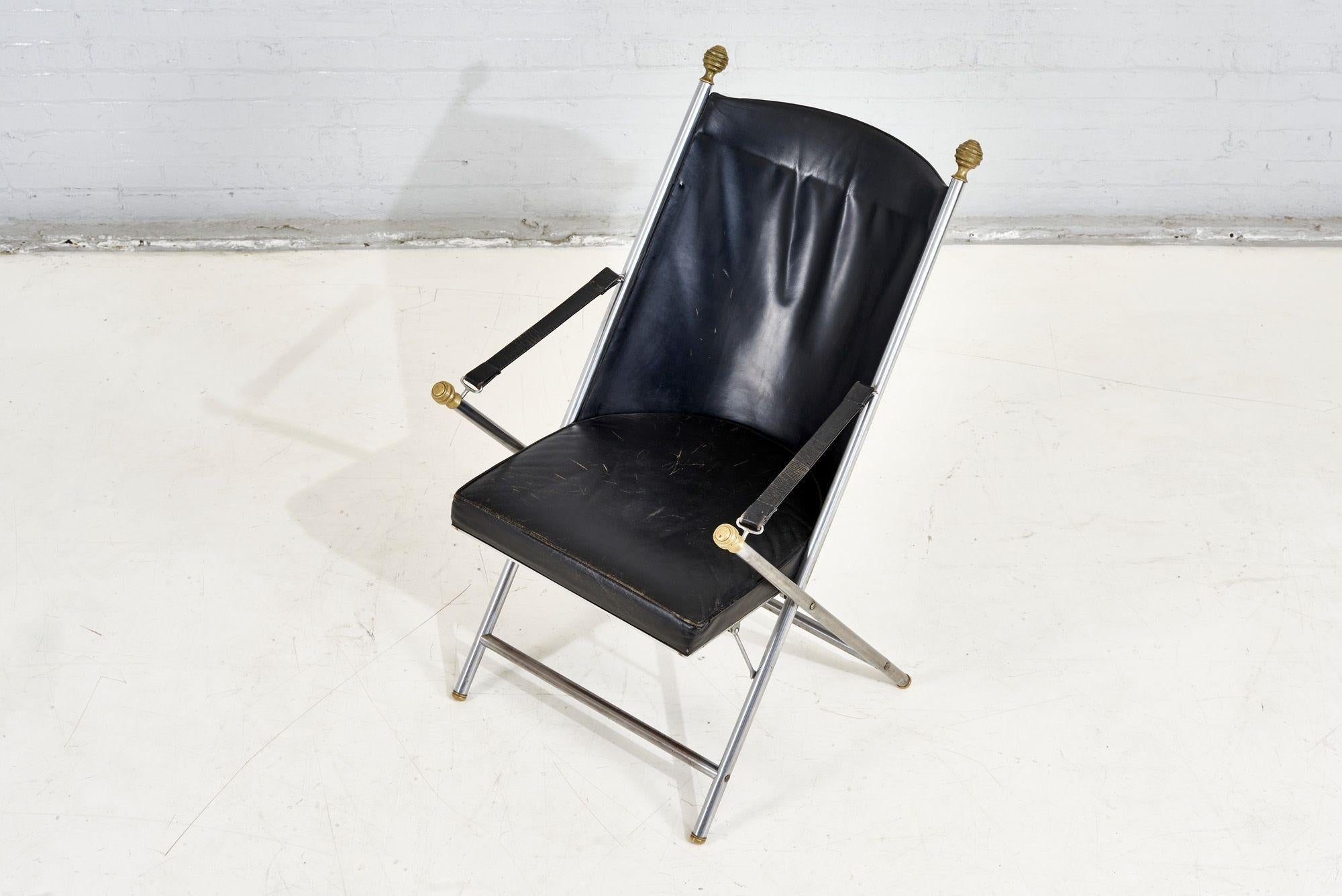 Mid-Century Modern Pair Leather Campaign Folding Chairs by Maison Jansen, 1960 For Sale