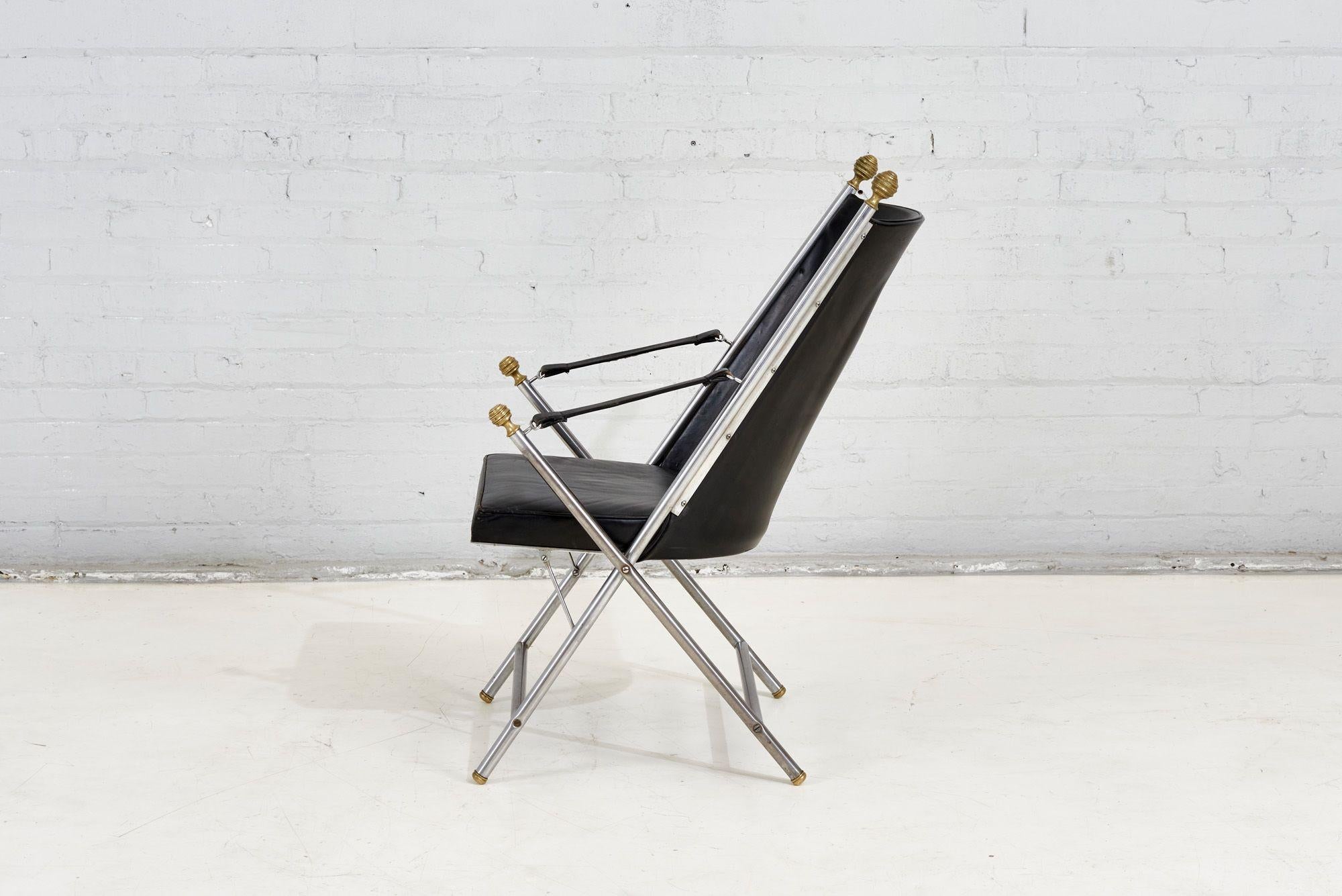 Brass Pair Leather Campaign Folding Chairs by Maison Jansen, 1960 For Sale