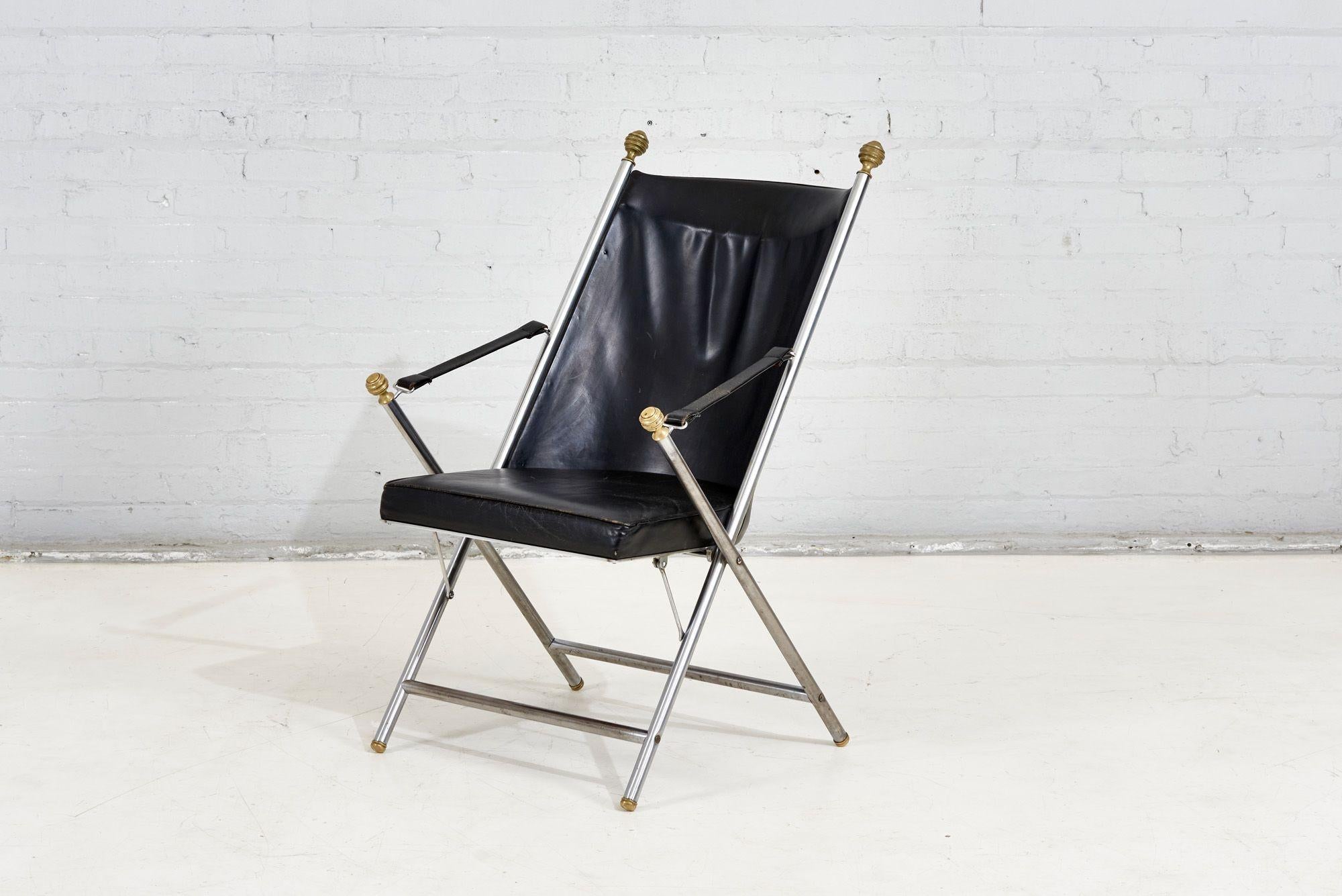 Pair Leather Campaign Folding Chairs by Maison Jansen, 1960 For Sale 1