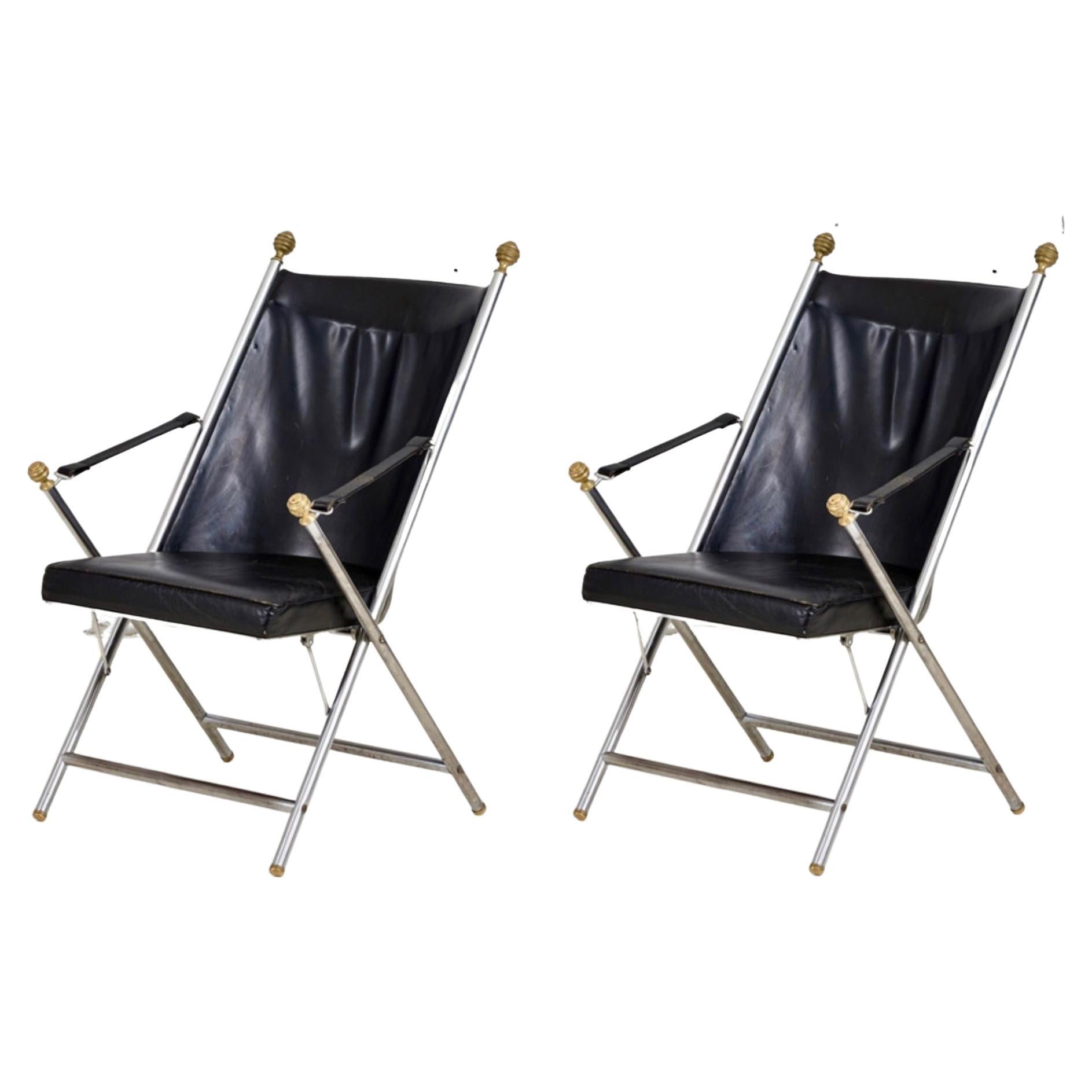 Pair Leather Campaign Folding Chairs by Maison Jansen, 1960 For Sale