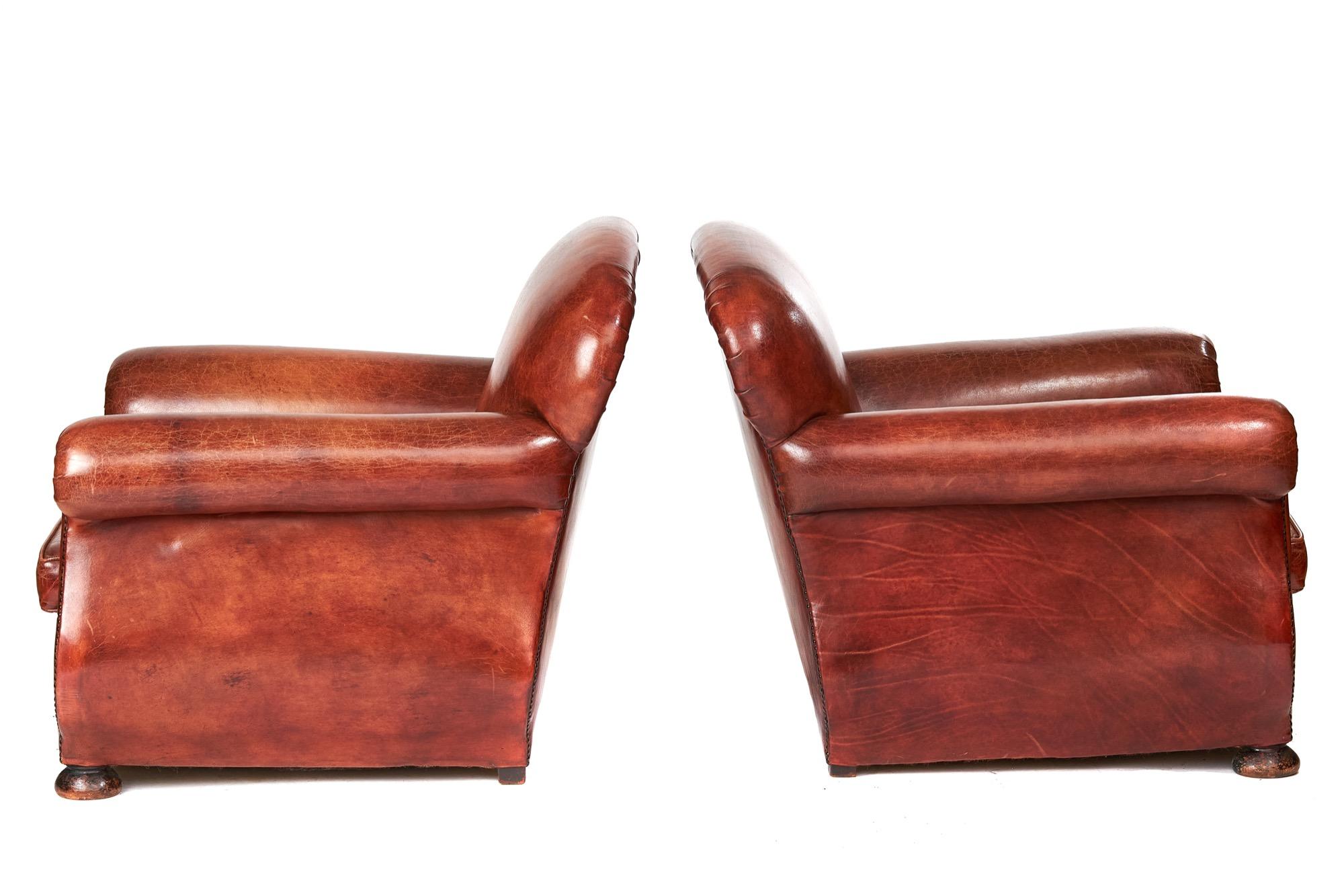 English Pair Leather Club Chairs, circa 1920s