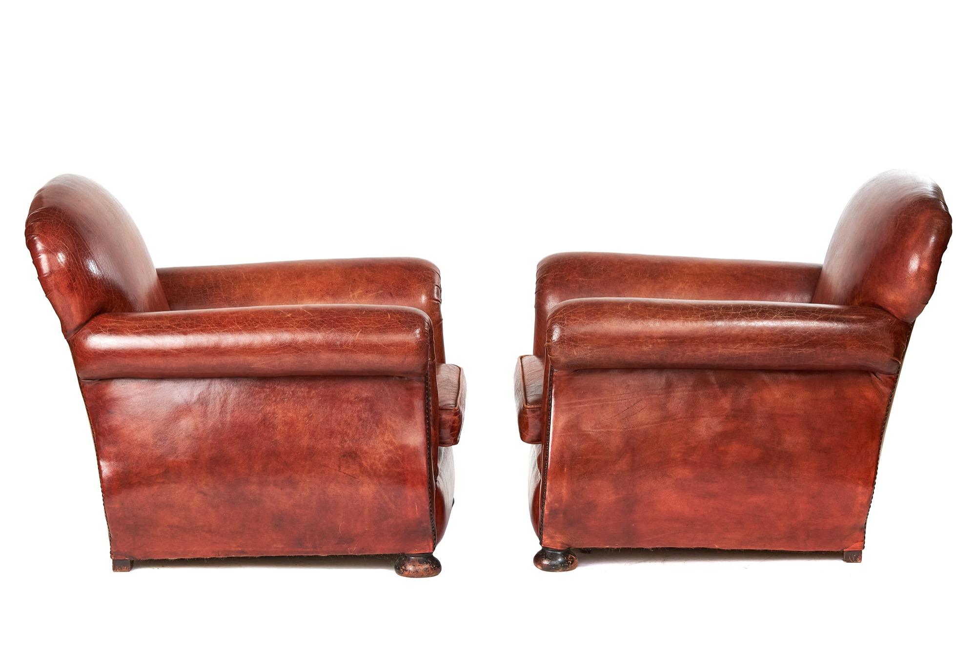 Polished Pair Leather Club Chairs, circa 1920s