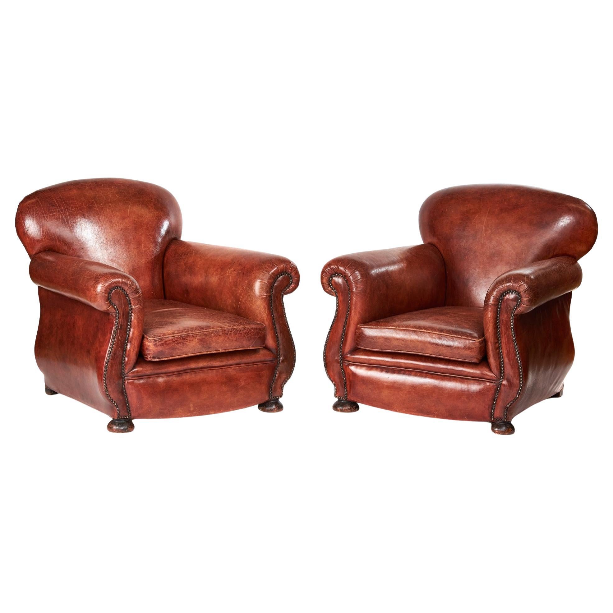 Pair Leather Club Chairs, circa 1920s