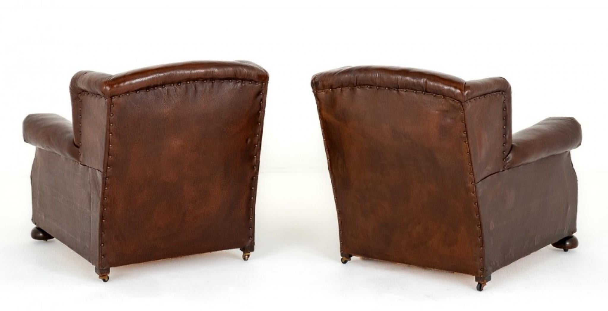 Pair Leather Club Chairs Victorian Antiques 1900 For Sale 2