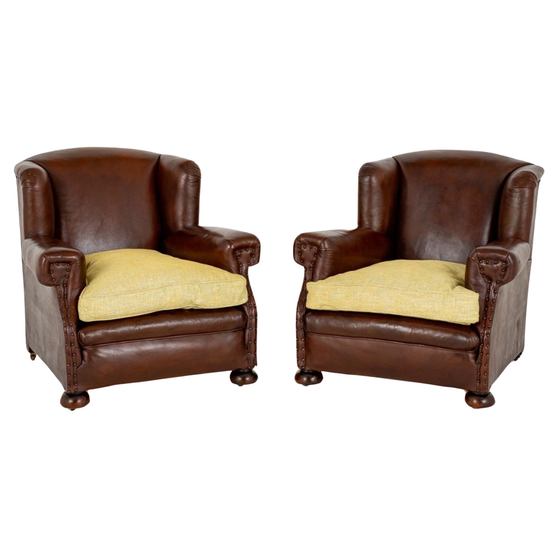 Pair Leather Club Chairs Victorian Antiques 1900 For Sale