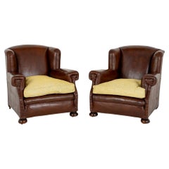 Pair Leather Club Chairs Victorian Antiques 1900