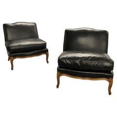 Pair Leather Louis XV Style Marquise, Side or Lounge Chairs, Cigar Room, Large