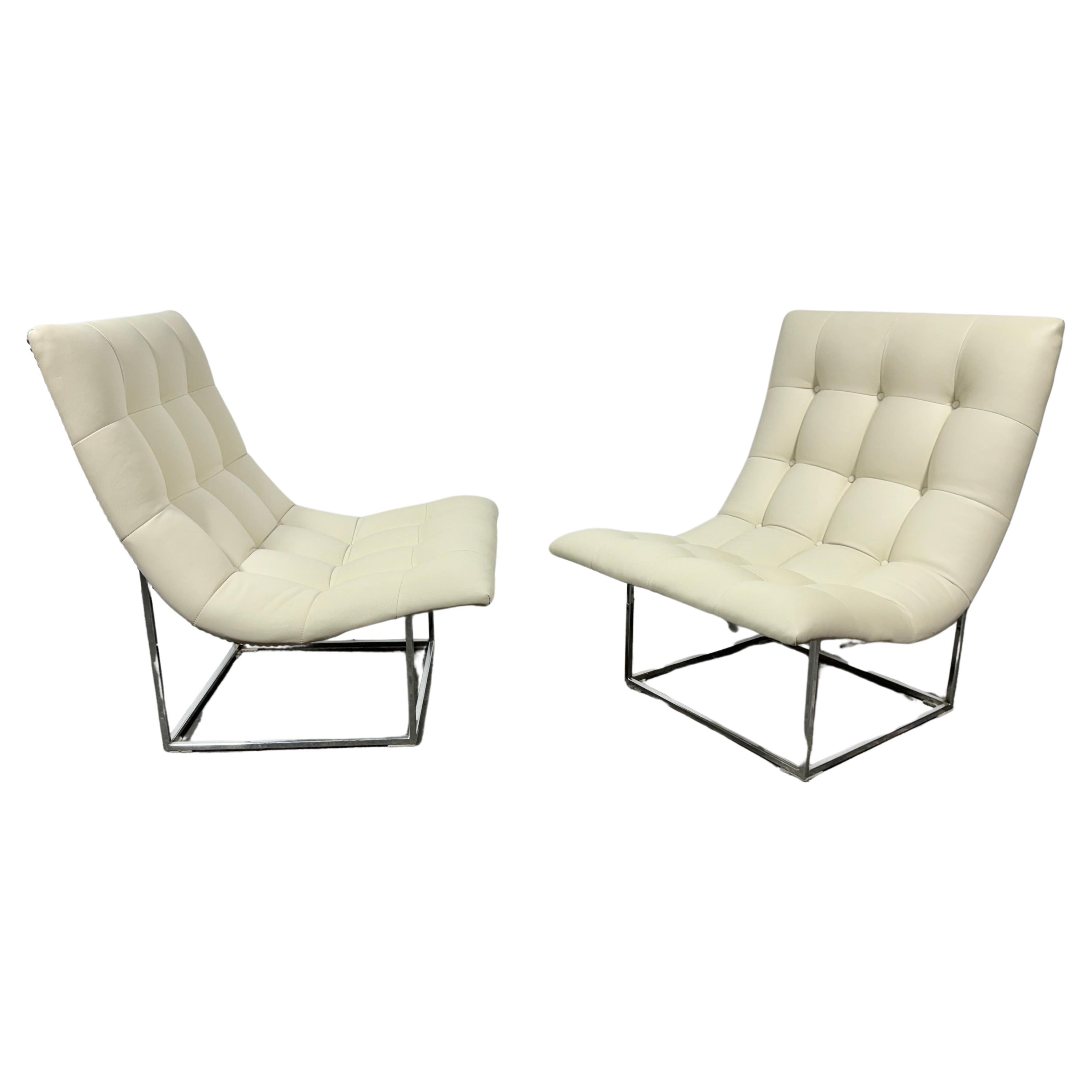 Pair Leather Milo Baughman / Thayer Coggin Lounge Scoop Chairs For Sale