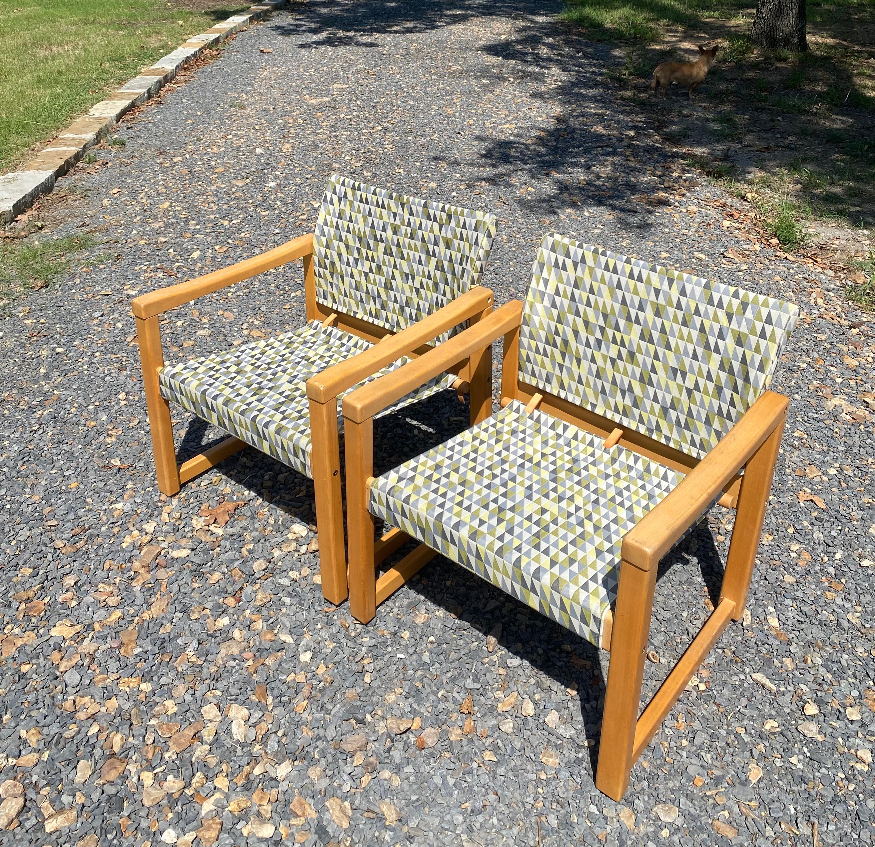 “Diana” armchair pair with beech frames and leather-strapping, designed by Karin Mobring in 1974.

Beautiful, Minimalist design with some marks and niks to the frames (lightly sanded and waxed August 2022). Re-upholstered May 2024, in fun, yet
