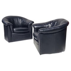 Pair Leather Swivel Barrel Chairs in Style of Ward Bennett