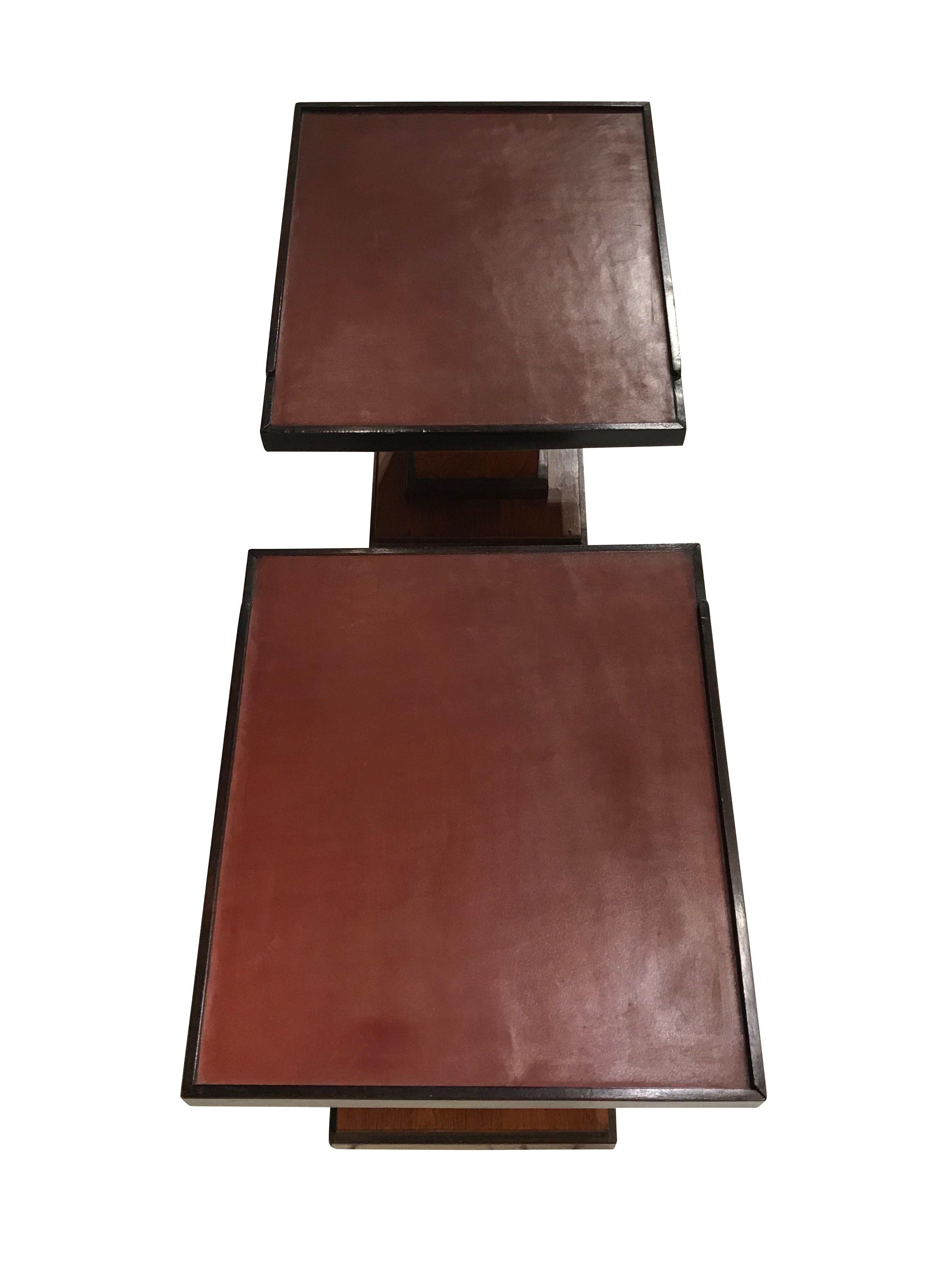 French Pair Leather Top Coffee Tables, France, 1970s